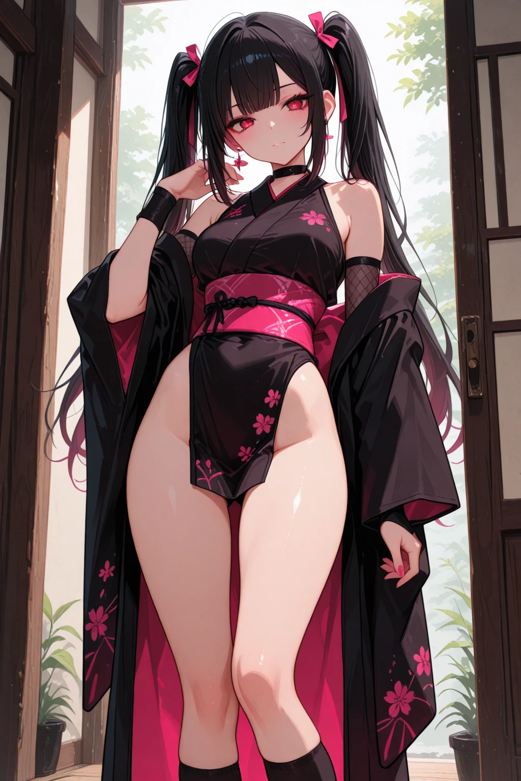 a beautiful young woman in a japanese room, Sunny day, pelo largo y negro, ojos morados, kimono ????? corto, trasero grande, sexy kimono showing black panties.