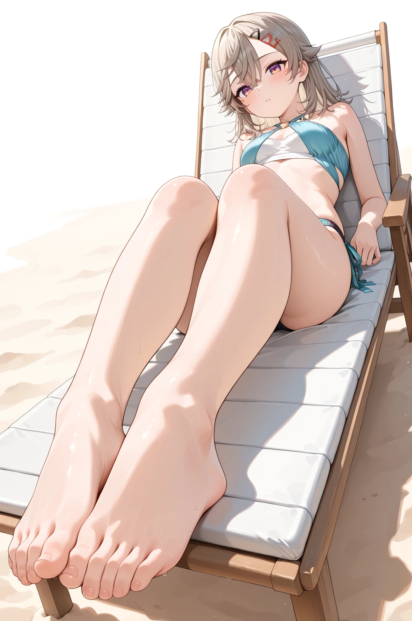 (Highly detailed CG Unity 8k wallpaper), (masterpiece), (Highest quality), (Super detailed), (Best illustrations), (Best Shadow), (Absurd), (Correct Anatomy), (Correct details of toes:1.2), (From below:1.3), (sitting on rocks), Honors Type, ((A very contemptuous look,Cold Stare,blush)), 18-year-old, 1 High school girl, (Dark blue bikini:1.5), Ponytail Black Hair, (Sweat:1.5),soaking wet all over the body, (Steamy bare feet,water vapor:1.4), (spread legs:0.6), (knees up:1.6), ((Show the whole sole of the foot to the viewer,close:1.7)), (camel toe:1.5), (8 heads,Slim figure), (Beautiful slim neck), (Beautiful clavicle), (Beautiful, firm, round breasts), (Beautiful underboobs), (Beautiful and flat abdomen), (Beautiful and toned waist), (Beautiful bouncy big ass), (Beautiful slim thighs), (Beautiful and firm calves), (Beautiful slim ankles), (Beautiful hands and feet), Ultra-realistic, early morning, Wide sky, Summer in the Canadian Rockies,