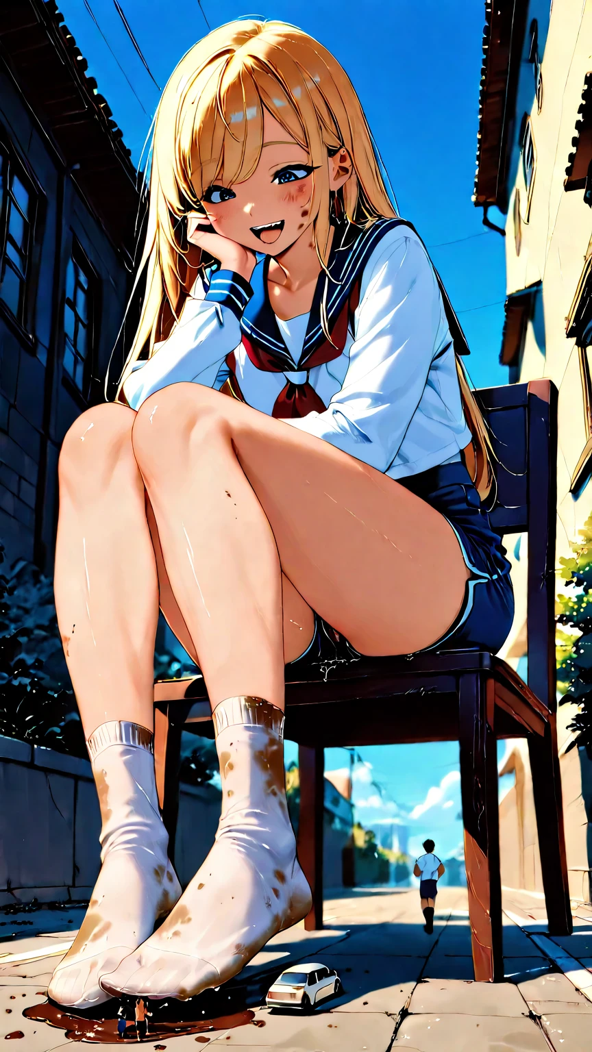 (wavy hair,blonde hair),(thighs) (school uniform:1.6),On the train, socks,crumpled socks,baggy socks,