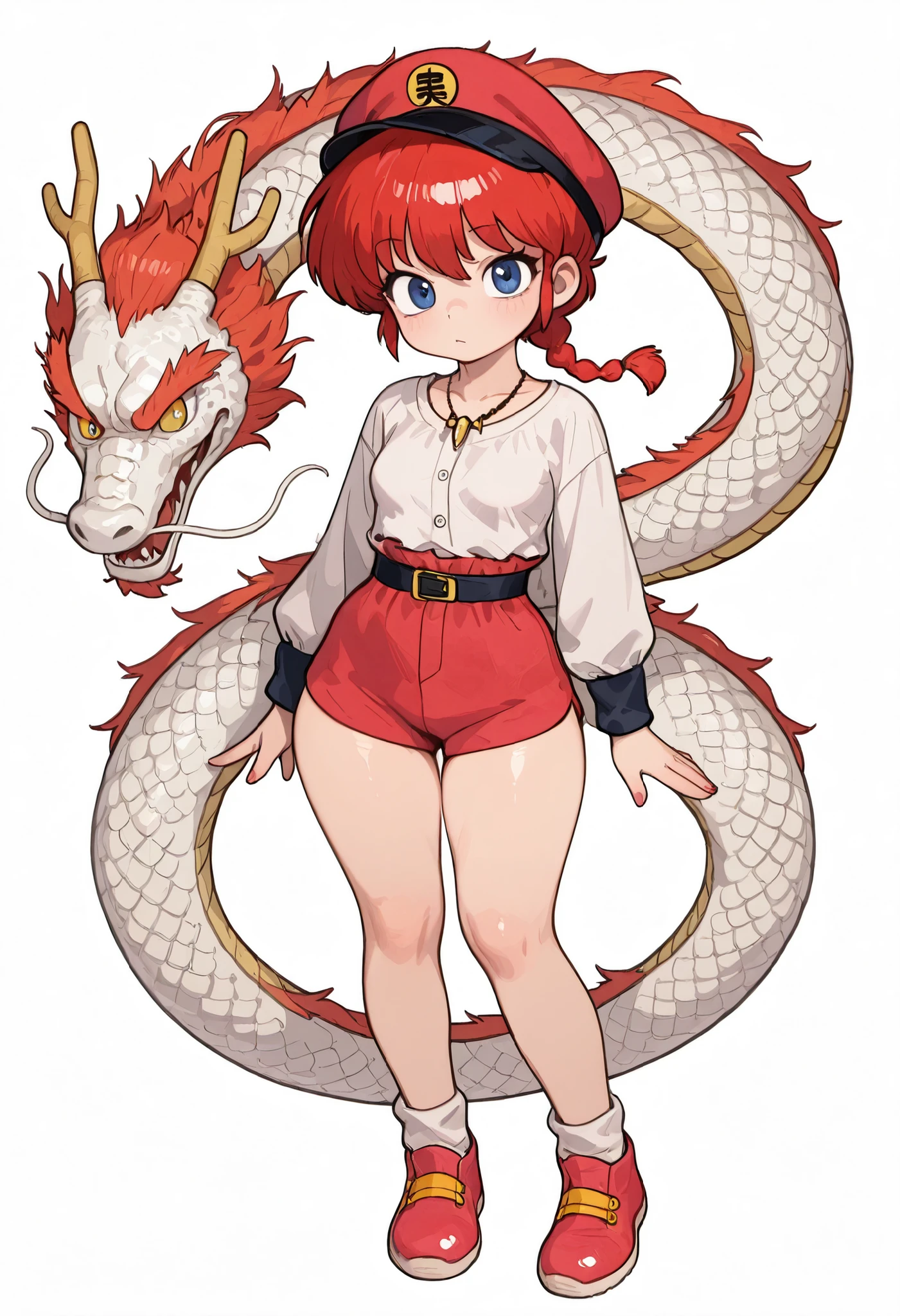 Ranma Saotome. red hair. blue eyes. braid. small breasts. wide hips. necklace. black eyeliner. pink manicure. |  national tide,1girl, eastern dragon, dragon, red headwear, looking at viewer, full body,(Laurie: 1.2), white background, children's illustrations, masterpiece, best quality, national tide, shorts
