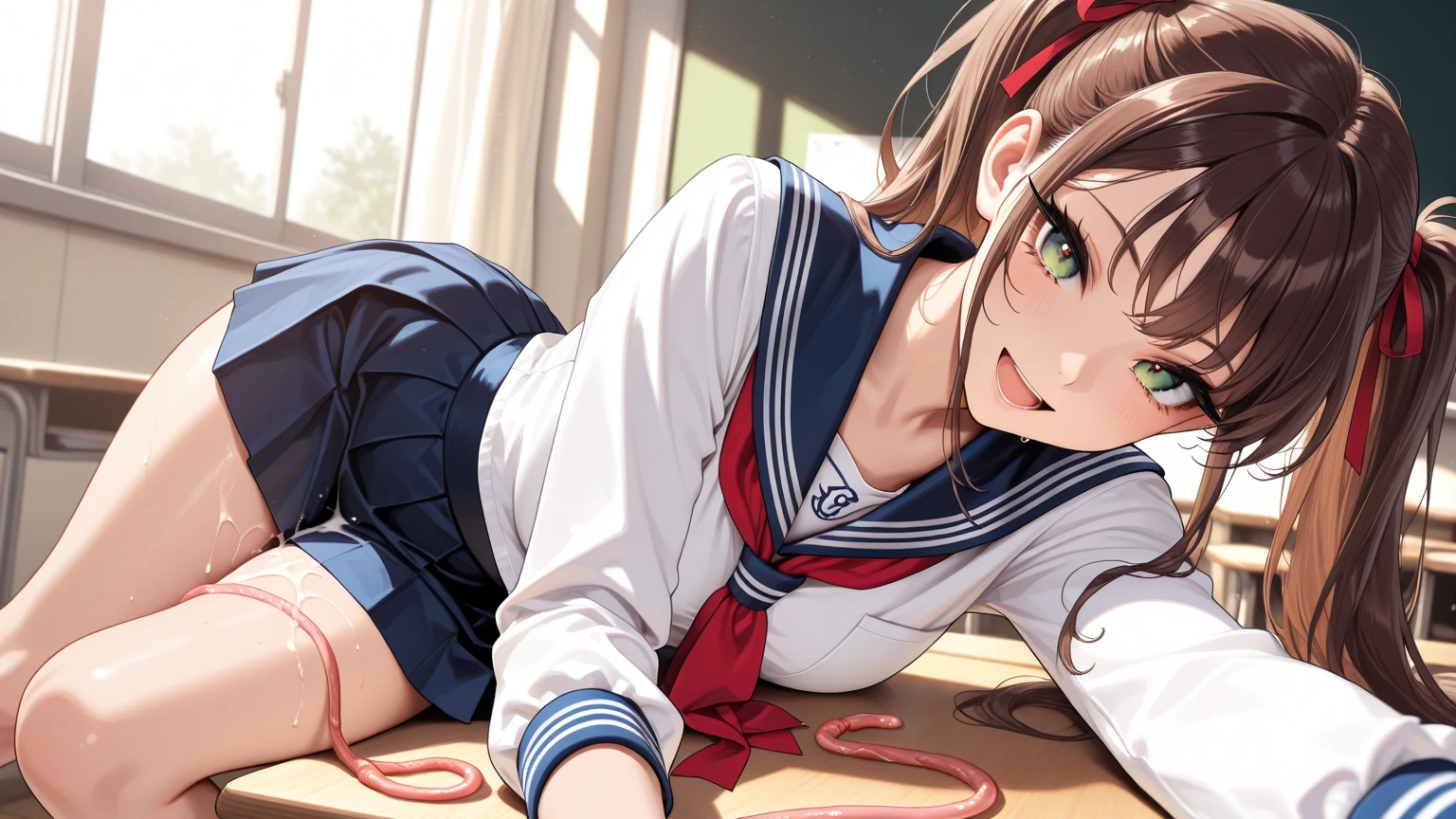 BREAK Perfect Anatomy、(High resolution:1.2)、Incredible illustrations、(Cute illustrations:1.2)、(nfsw)
(cinematic angle,solo focus,) （Beautiful background（classroom),
  1girl(brown hair,twin tails, tanned skin: 1.3) 1girl((a girl,slender 1.7meters, 45kg,   (school uniform)(restrained,tortoise shell bondage:3.8,oversized clothes), lingerie),spread legs 
