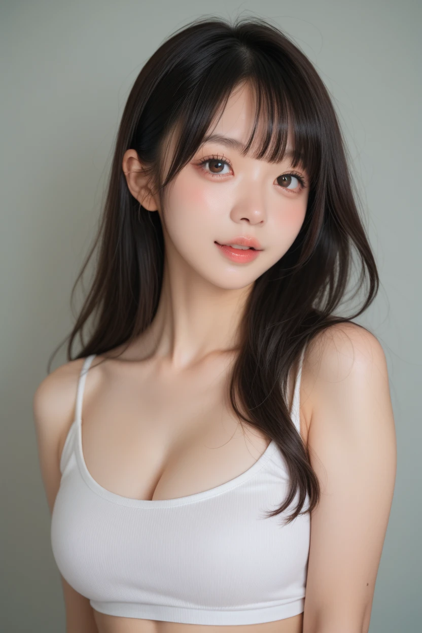 (Wear summer、Close-up portrait of girl with slender big breasts and double tail hair:1.3)、(no background:1.3)、(anatomically correct:1.3)、(complete hands:1.3)、(complete finger:1.3)、Realism、original photography、on the table、top quality、there is nothing、Comely、face perfect、Beautiful and delicate eyes、White skin、Real human skin、pores、((thin legs))、(black hair)