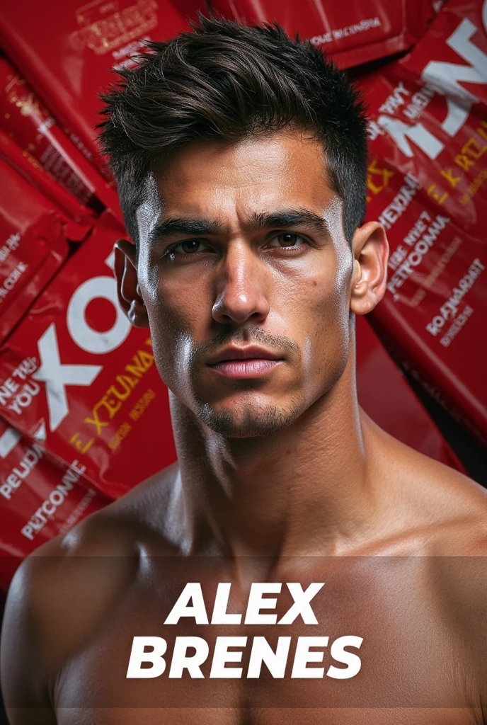 Young man, high quality realistic AI, muscular, tanned skin, tattoo with the name Ruy on his neck, piercing gaze, pink lips, with a bedroom background.