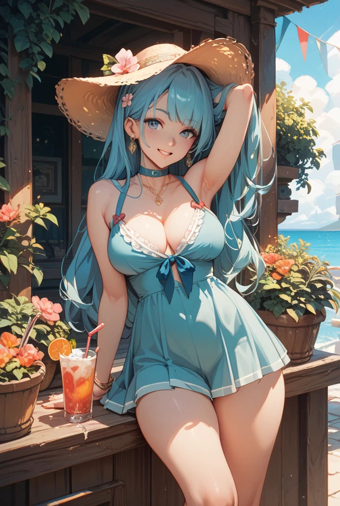 Make a woman with huge breasts naked, sitting on a chair, drinking lemonade, with an umbrella that gives shade and on the beach 