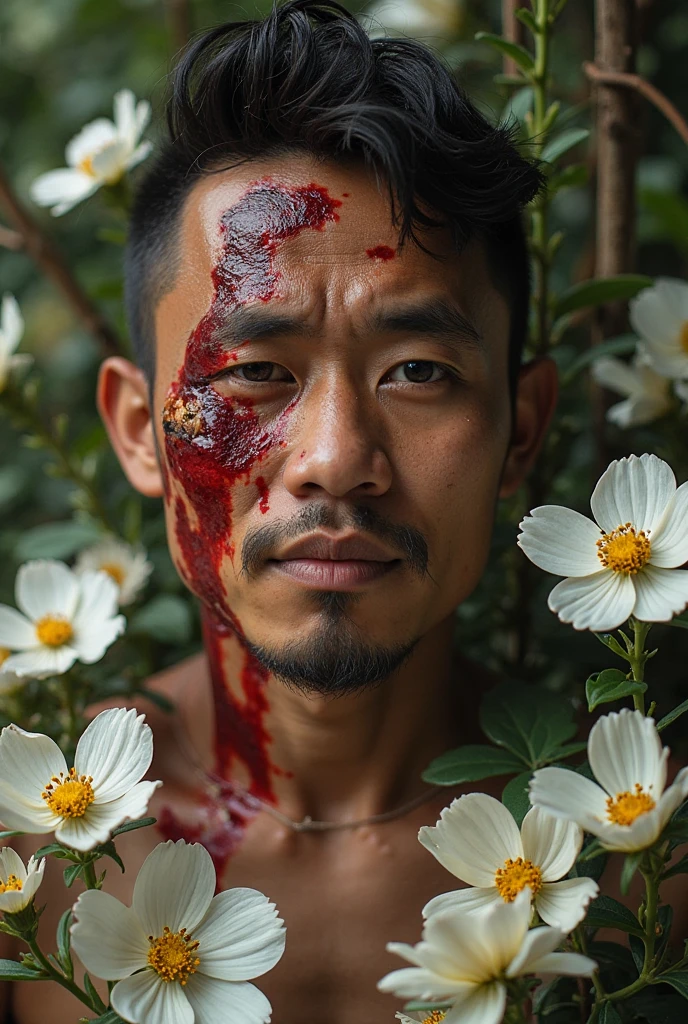 tattooed korean man, with scar on his face, expression of lust and desire on his face, Kale, with thick erect penis in a room