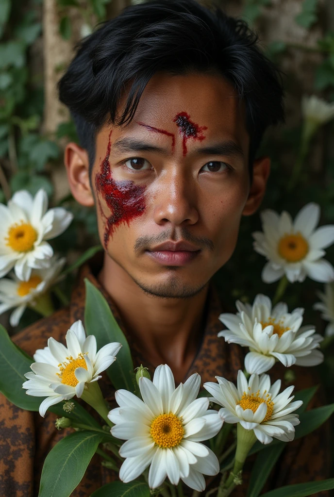 Raising a baby boy with dark straight hair, red paint on his face, looking like an Indian with leaves on his body, behind a jungle 