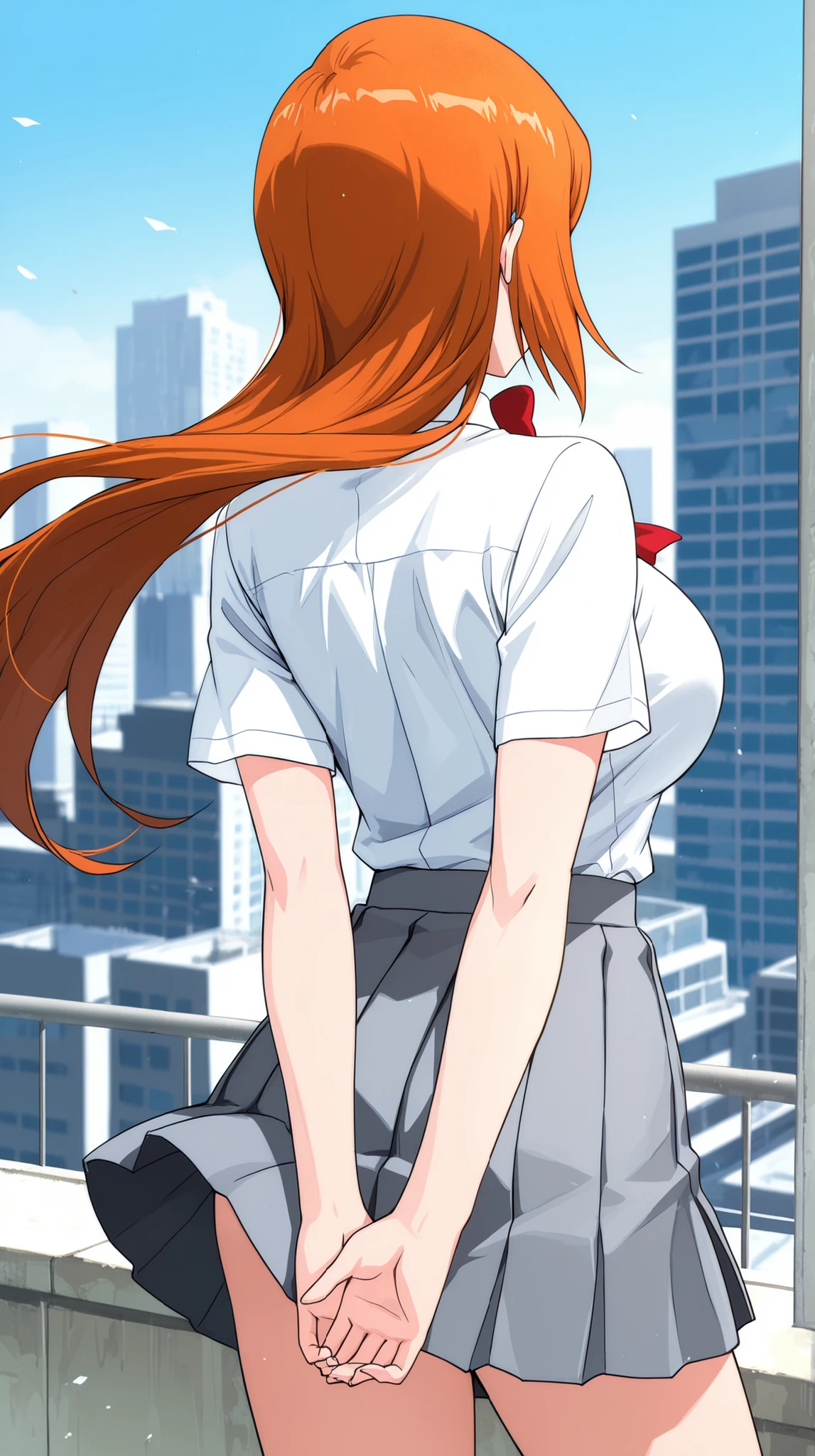 masterpiece, best quality,source_anime,cowboy shot,1girl,solo,inoue orihime,happy,red bowtie,white shirt,Short Sleeves,gray pleated mini skirt,outdoors,city,building,rooftop,blue sky,accidental exposure,wind lift,standing,contrapposto,arms behind back,from behind,back view,