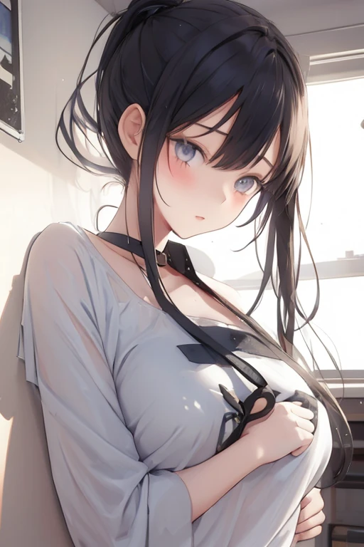 absurdres, RAW photo, extremely delicate and beautiful, masterpiece, Best Quality, ultra high resolution, 32k, hyperrealistic, ultra-detailed, perfect figure, in her 20s, very small head, very small face, delicate facial features, tearful mole, earring, very huge breasts, full body shot, medium hair, black hair, school_uniform, short skirt,