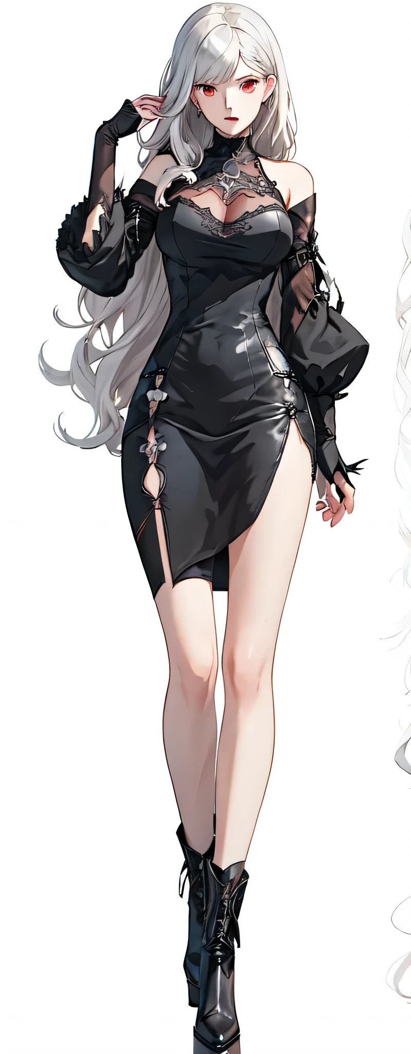girl, White hair, Very long hair, elf, grey eyes, , black , big breasts, White socks, black обувь, full height,