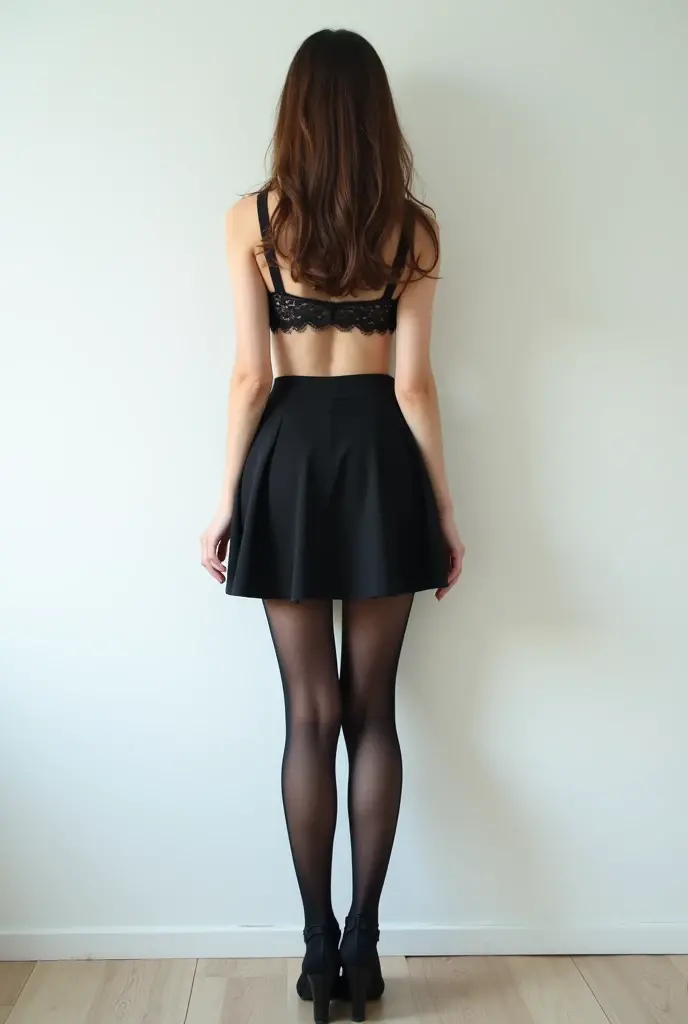Show entire body, feet in view, Aubrey plaza, tight skirt outfit, black pantyhose, pretty feet, bedroom 