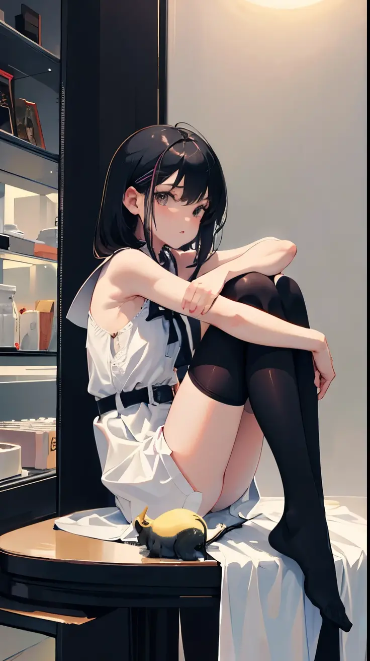 (child),highest quality,Beautiful face in every detail,cute,Dark brown eyes,(背の低いcute女の子,Small young student,Young delicate girl),(masterpiece,Top quality),Black Hair,Sleepy expression,Sleeveless,(White shorts),Crouching