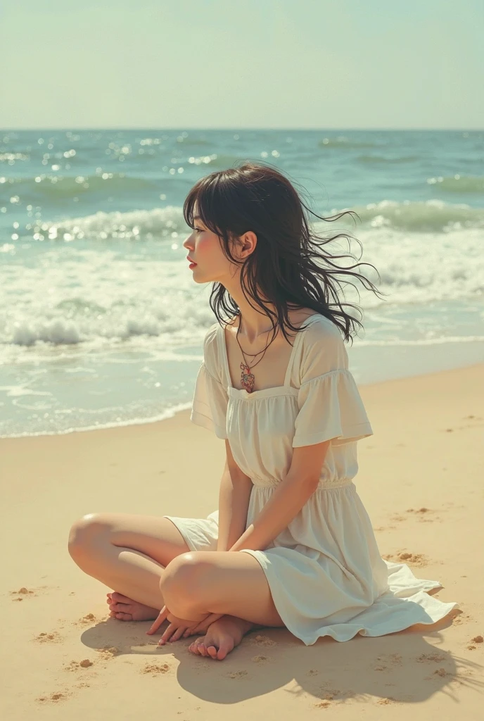 8k, Raw photo, highest quality, masterpiece:1.2), masterpiece, highest quality, figure, Very detailed, Fine details, High resolution, 8k,wallpaper, Perfect dynamic composition,(Detailed high quality, Realistic depiction of eyes:1.3)、A woman who has been  and has her hands tied、Arms wrapped around his back、Squatting with legs apart on the beach of Saipan、Knees open、White panties are visible、Facing forward、２１talent、Beauty、Well-formed face、Make your eyes even、Beautiful black hair、Has bangedium build、Well-balanced proportions、Beautiful legs、Short sleeve blouse、Long skirt、Sad face、Beautiful scenery、