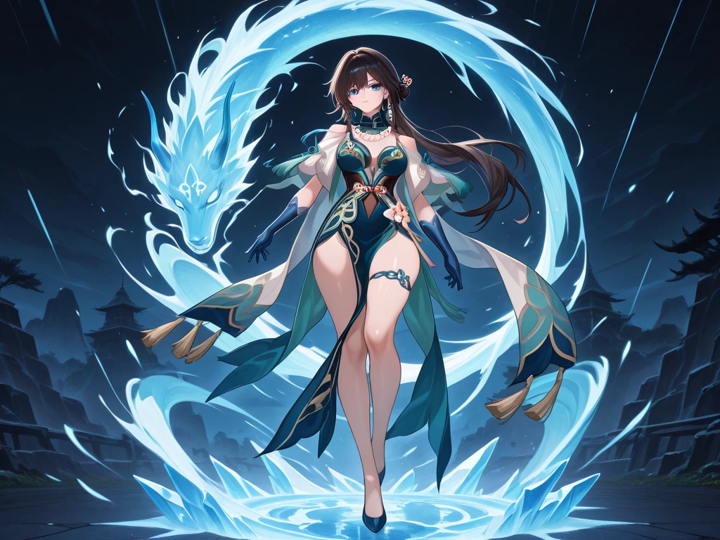 masterpiece, highest quality, High resolution,Anime Style、Characters from Tensura、Velgrind Blue Hair(Chignon:1:20)、Golden Eyes、chest、A black Chinese dress with a gold dragon pattern、Smile with your mouth closed