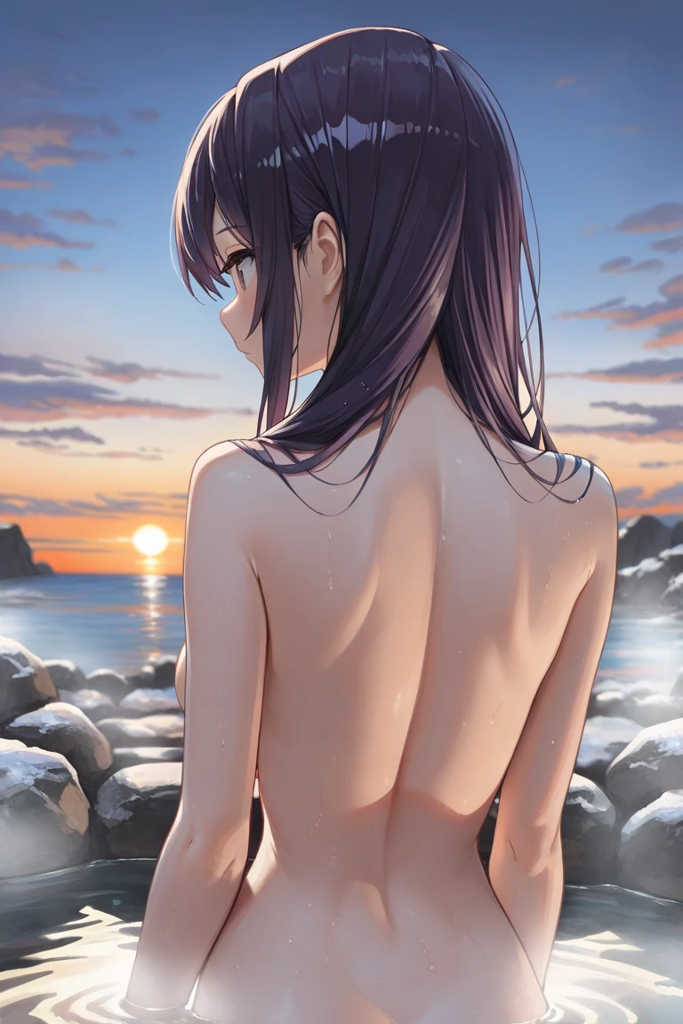 Woman turning her back in doggy pose, totally naked and very wet, looking to the camera