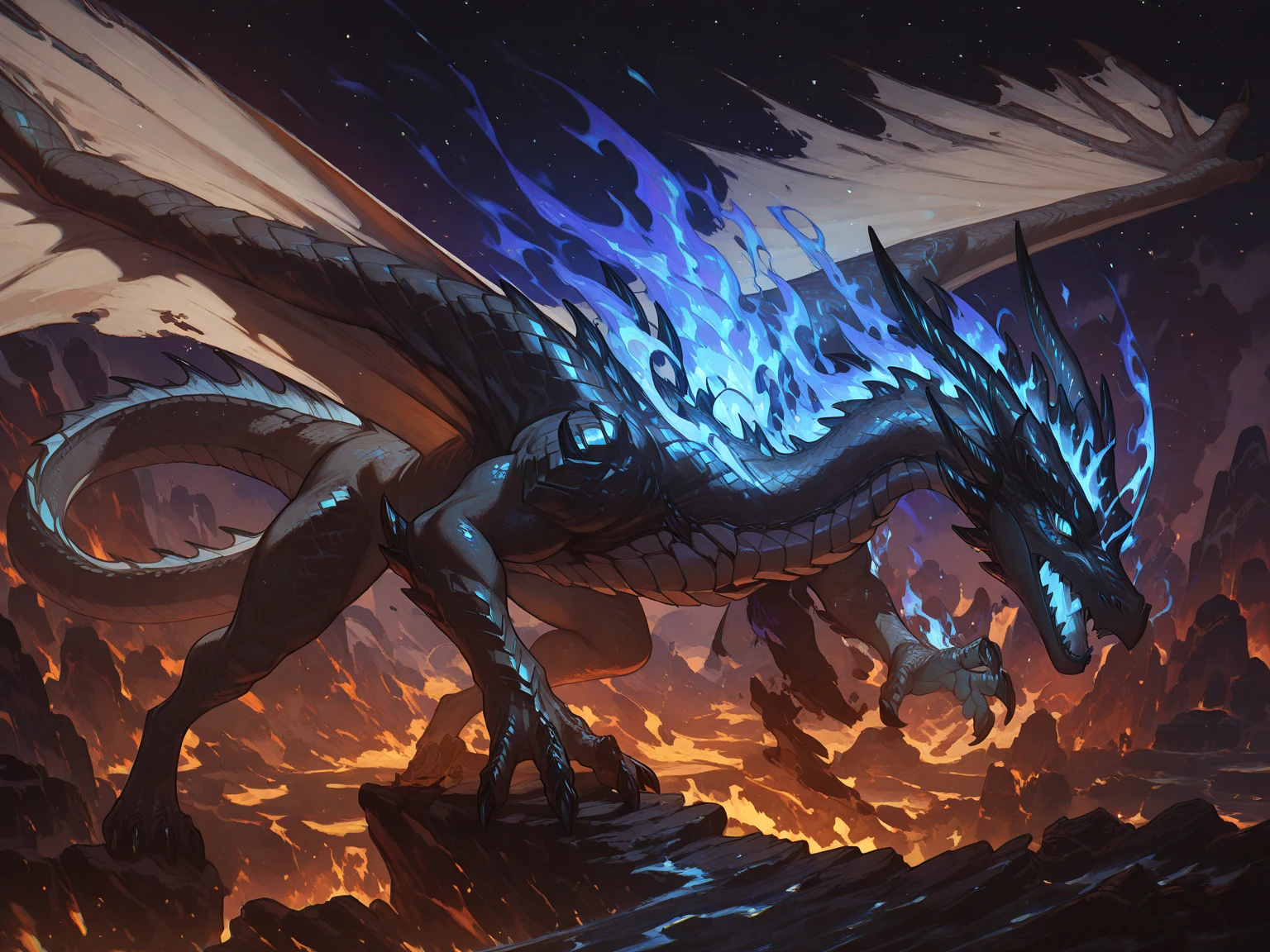 best quality,4k,8k, highres, masterpiece:1.2), ultra-detailed, extremely detailed eyes, extremely detailed body, (large masterpiece digital art), (detailed manga illustration), (detailed line art), ((perfect anatomy)), (intricate details:1.3), (ultra-detailed:1.3), (illustration:1.3), (sharp focus:1.3), (natural lighting:1.05), (vivid colors:1.3), (masterpiece), (best quality:1.4), (perfect anatomy:1.4), high quality, expressive eyes, 1 girl, breast, animal focus, bracelet, claws, dragon, magic energy, full body, gold eyes, slit pupils, horns, gold horns, dragon horns, demon horns, jewelry, monster, giant monster, no humans, open mouth, scales, fur, black fur, sharp teeth, solo, tail, teeth, sharp teeth, wings, outdoors, black scales, river, scales, scenery, sky, sunset, western dragon, yellow sky, ice, ice crystals, fire, blue fire, lightning, red lightning, elemental aura, particles, glowing particles, Jeff Bridges, ((cartoon style)), Marvel Cinematic Universe style, (((hell castle in the background))), soft bokeh of hellscape, Atey Ghailan, Jeremy Mann, Greg Manchess, Antonio Moro, trend in ArtStation, trend in CGSociety, Intricate, High Detail, Sharp focus, dramatic and photorealistic painting art by Midjourney and Greg Rutkowski,