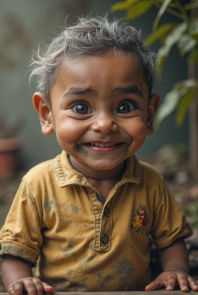 A boy  with name( Hemant ) with print on t-shirt 