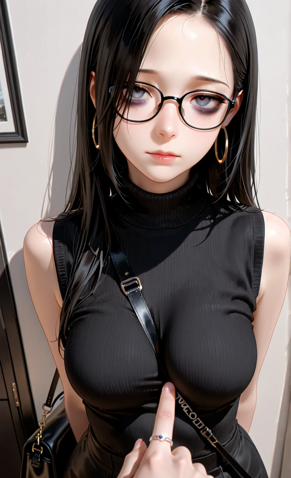 fantasy CG, hard dinette, depth of field, Masterpiece, intricate, hyper detailed, , bokeh, high resolution, sharp detail, best quality,
, depth of field, 1girl, black hair, (blue:0.82) colored inner hair, , looking at viewer,
hair ornament, , dynamic pose, , , , earrings, , sitting on bed room, neon in station, , night, , sexy pose
<lora:zs_Wakaba:0.3> wakabap5, bob cut, blunt bangs, glasses, turtleneck, sleeveless, pants, lanyard