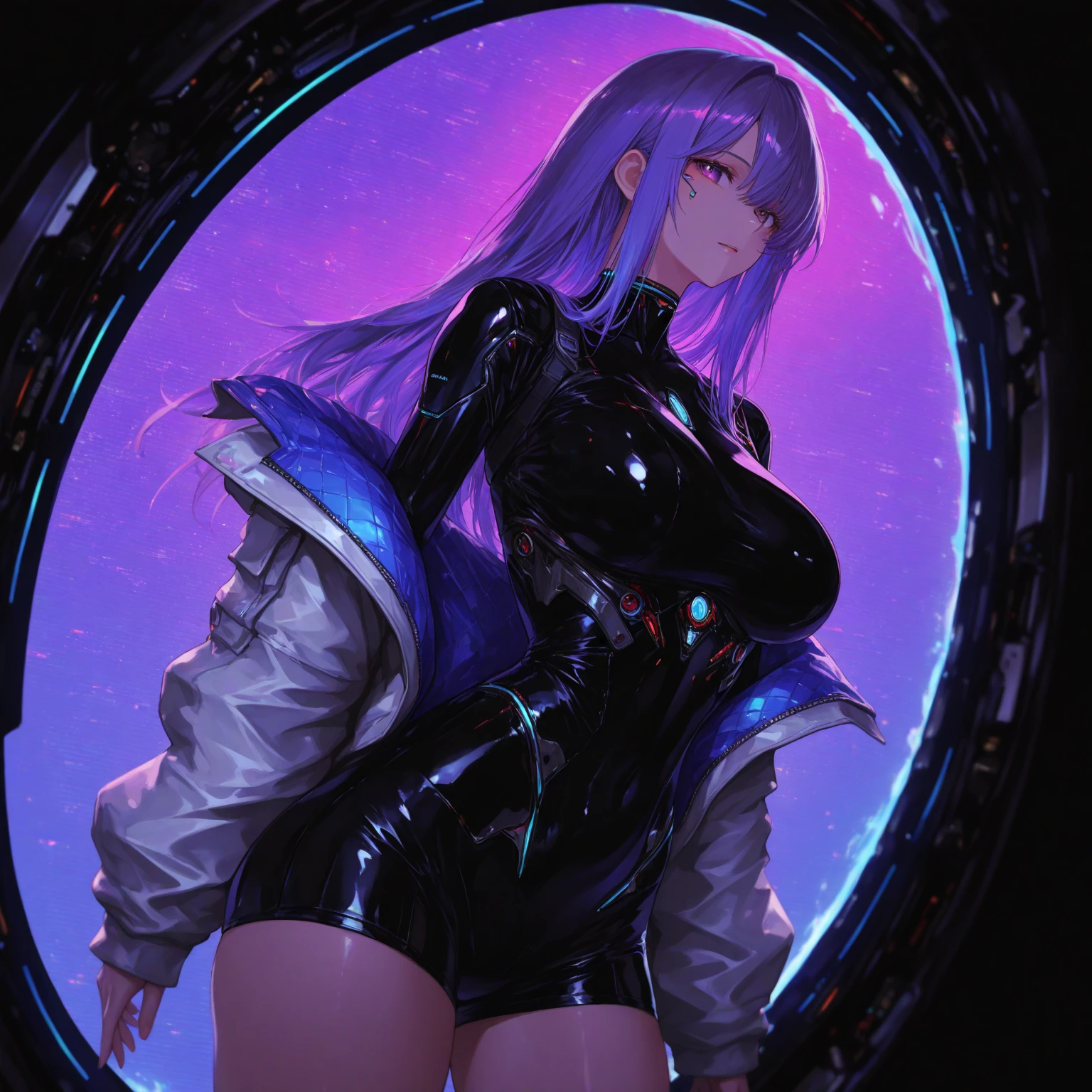 girl spacepunk,(((1girl))),((cute and beautiful black haired girl)),
(Small breasts:1.4),saggy breastlack wavy hair:1.35,absurdly long unkempt hair,messy hair,colored inner hair,ear breathing))),((purple eyes:1.3,upturned eyes:1.erfect eyes,beautiful detailed eyes,rainbow glows ultra-detailed deep pink purple eyes:1.1,gradient eyes:1,finely detailed beautiful eyes:1,symmetrical eyes:1,big highlight on eyes:1.2)),((fat)),(((lustrous skin:1.5,bright skin: 1.5,skin tanned,shiny skin,very shiny skin,shiny body,plastic glitter skin,exaggerated shiny skin,illuminated skin,wet legs))),(spider lower abdomen,narrow waist,wide hip,athletic body,inflated legs,delicate detailed fingers,detailed body,human hands,(detailed face)),
cute,slutty,seductive,erotic,(((nsfw))),
zettai ryouiki,revealing clothing,show skin,(wearing a mechanical space body armor:1.3,micro bikini,bare legs),with micro clothes,almost totally naked,with little clothing,tiny thong,generous neckline,((wet clothes,detailed outfit,detailed clothes)),
(Sexy pose),solo focus,
((((cyberpunk city by the ocean,huge buildings,neon signs,puddles)))),stormy sky,threatening sky,((synthwave background theme,detailed background : 1.25)),((((night,nice lighting decorations,detailed architecture)))),
(best quality,high resolution,sharp focus,ultra detailed,extremely detailed,extremely high quality artwork,(realistic,photorealistic:1.37),8k_wallpaper,(extremely detailed CG 8k),(very fine 8K CG),((hyper super ultra detailed perfect piece)),flawlesasterpiece))),illustration,vibrant colors,(intricate),High contrast,Selective lighting,Double exposure,HDR (High Dynamic Range),Post-processing,Background blur,