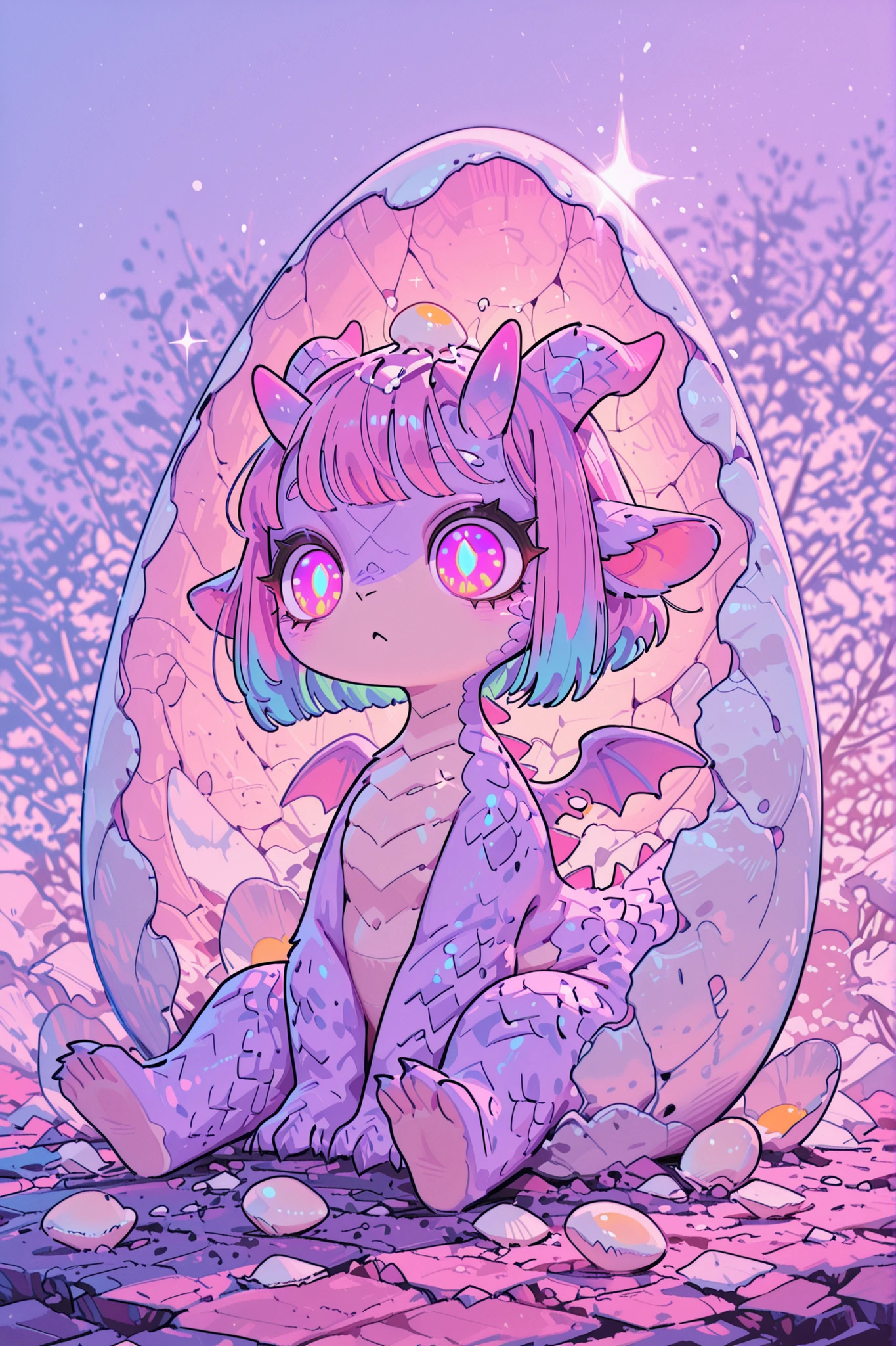 CuteToon_ST,baby dragon girl, freshly hatched, sitting in half an eggshell, egg shell on the head like a cap, tiny horns, small wings, chubby body, fluffy scales, surprised expression, pastel colors, big shiny eyes, soft lighting, fantasy background, whimsical atmosphere,
long eyelashes, (Sensual eyes, feature double highlights), 8k, UHD, masterpiece, (high quality), best quality, absurdres, ultra detailed