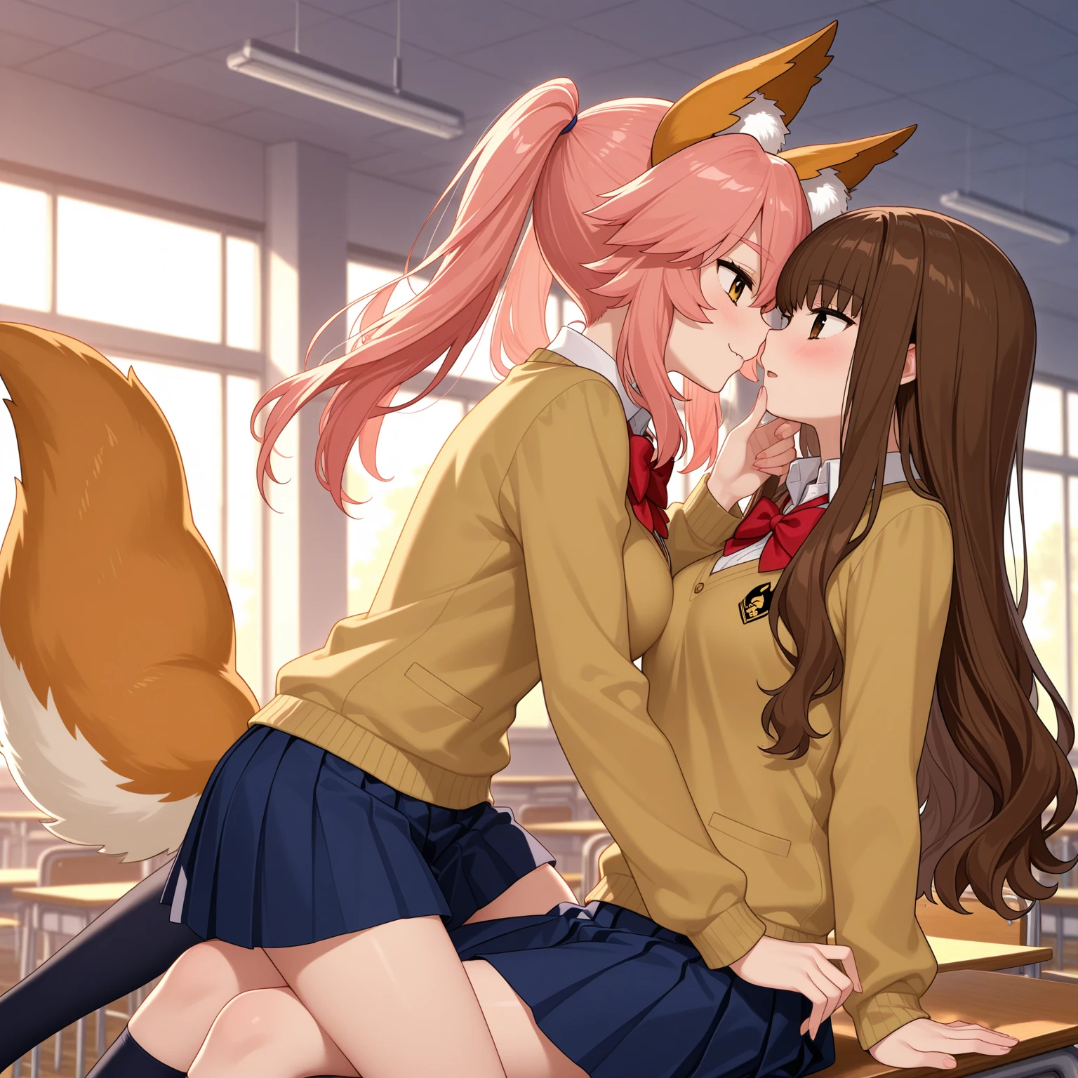 best quality,best resolution,(fluffy anthro furry :1.6),fox girl,red long hair,curvy hair,classroom,light and shadow,(white shirt),((2 chicas, duo)),sleeveless,red necktie,black skirt,white stocking,glasses,flower hairpin,looking at viewer,horny face,open mouth,very close eyes,orgasm,full face blush,tense pose,heart eyes,heart expression eyes,horny pose