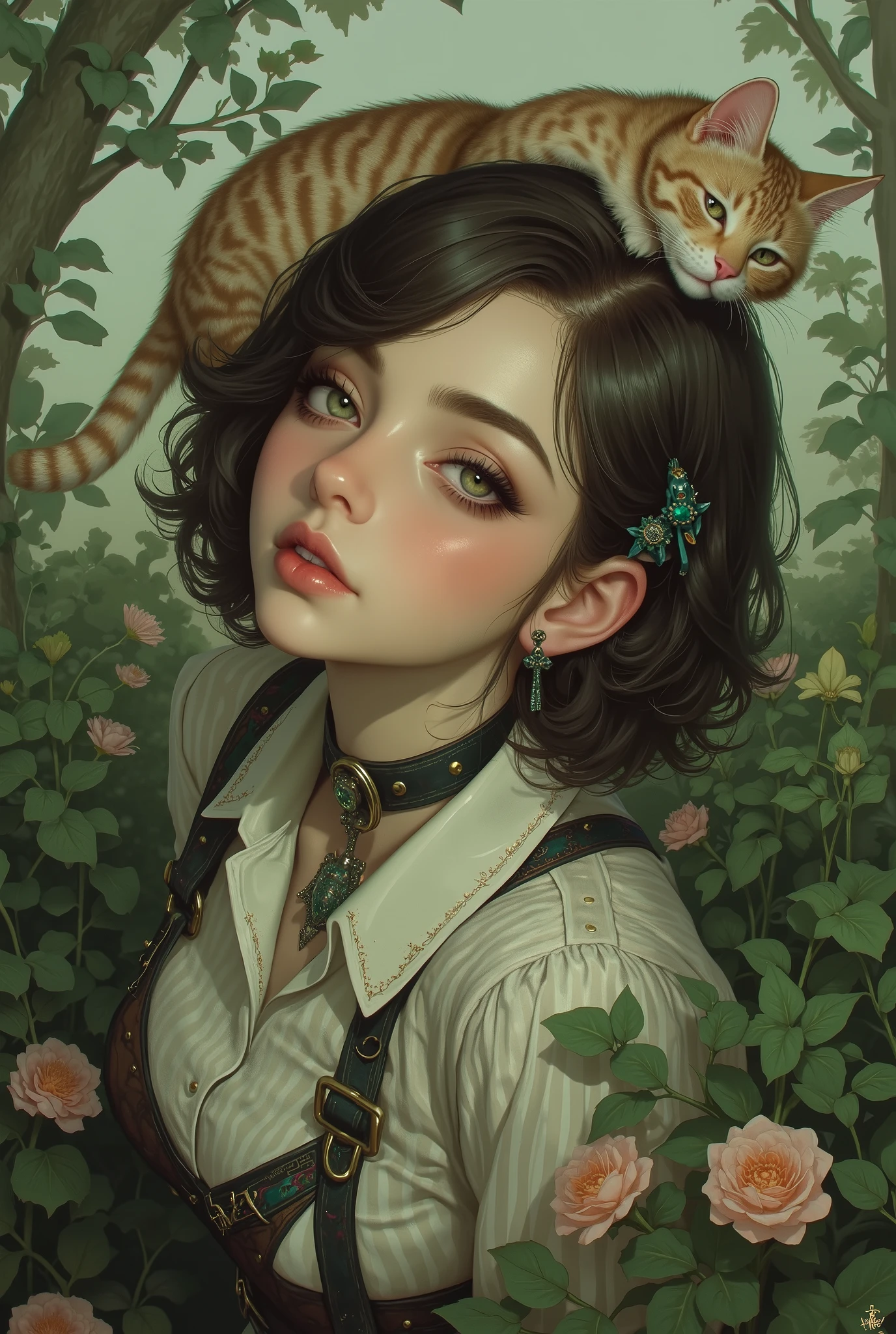 there is a woman with a cat on her shoulder, realistic digital art 4k, realistic digital art 4 k, 4k highly detailed digital art, 8 k realistic digital art, beautiful digital artwork, with green eyes, with stunning green eyes, 4k detailed digital art, very beautiful cute catgirl, 8k high quality detailed art, [ 4 k digital art ]!!
