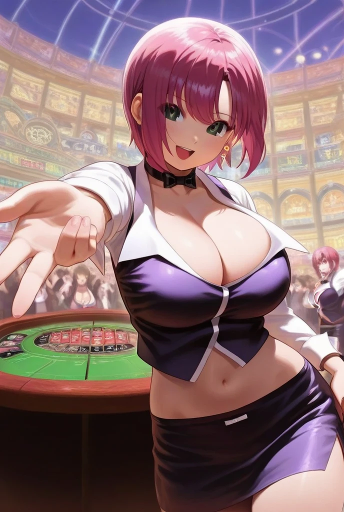 masterpiece, best quality, highres, hy1, hair ornament, multicolored hair, casino, playboy bunny, rabbit ears, smile, waving Large breasts huge breasts