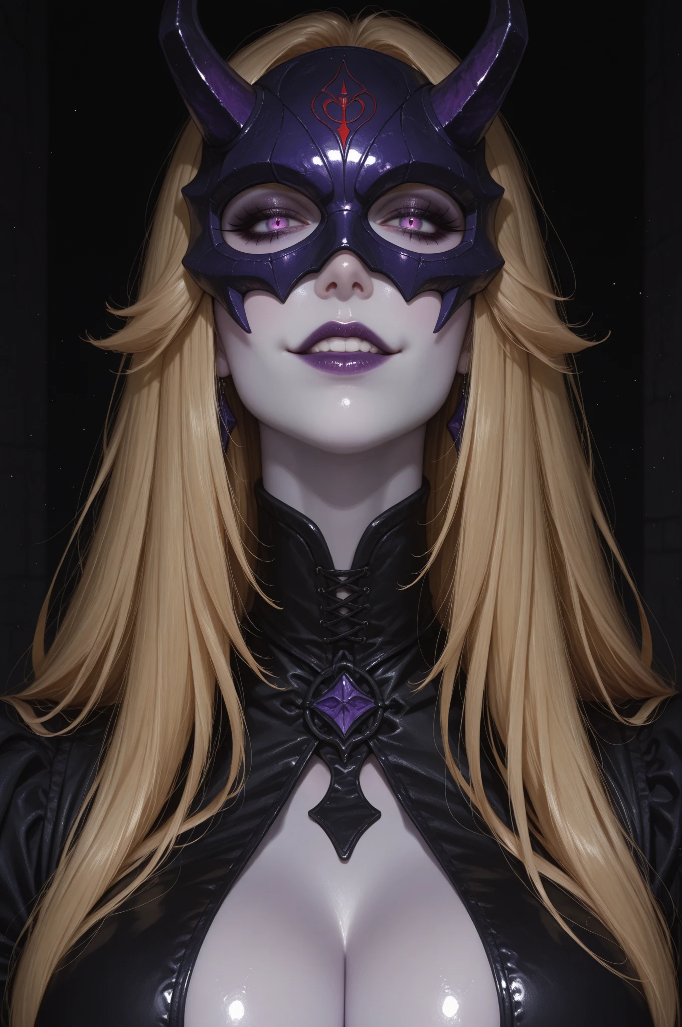 a woman cultist with a voluptuous body wearing revealing clothes, veil covering mouth, detailed facial features, dramatic lighting, dark fantasy art, rich colors, long blonde hair, evil smile, seductive smile