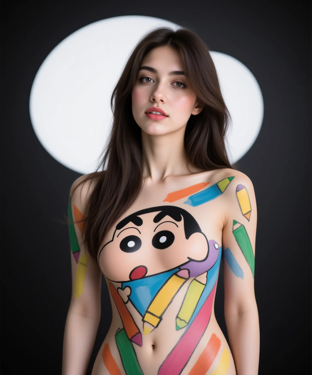 beauty of body painting, big breasts, perfect body, authentic texture, Fair skin, double eyelid, thin abs, whole body, long legs, 1080p, 4k, skinny, angry face, wet body, sexy, expensive, real light, pure desire, Plump, green black, Valentino、A cute 13-year-old woman of half Filipino and Japanese descent....、short hair、whole body、big breasts