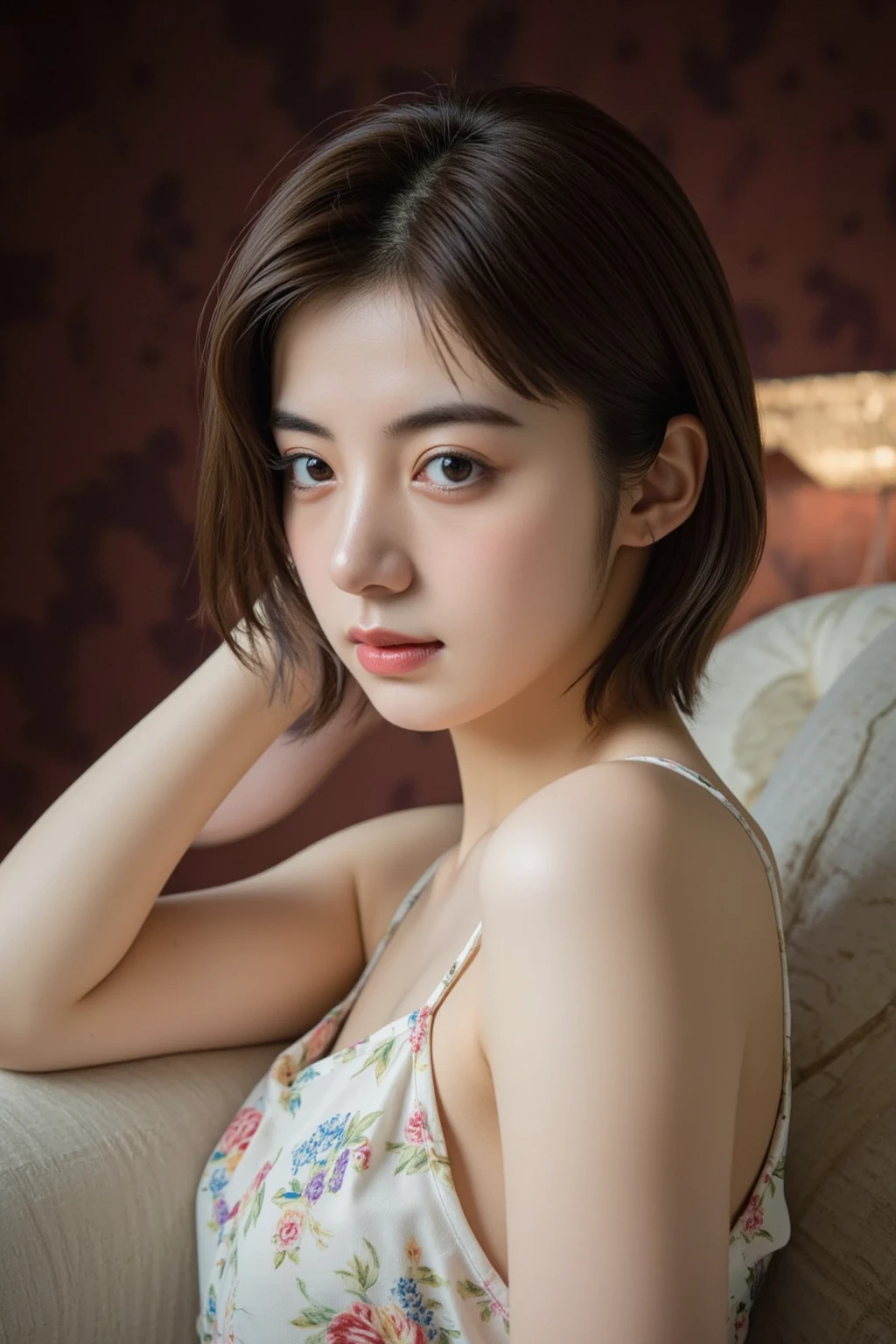 Best quality, masterpiece, ultra high res, (photorealistic:1.5), raw photo, 1girl, offshoulder, in the dark, deep shadow, low key, cold light, sexy look, short hair