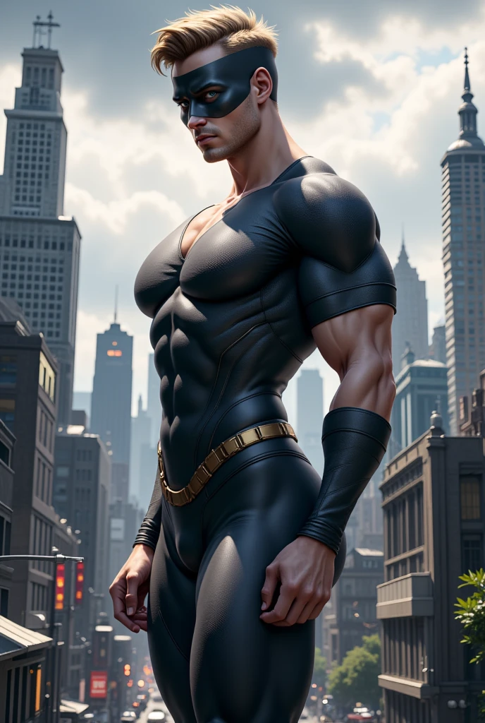 ((realistic: 1.5)),((best quality)), ((masterpiece)),((detailed)), male ninja, Vigilante, Caucasian American, handsome, photorealistic face,short hair, attack position, abdominal muscles visible,chest visible, just outside of the city with evening cityscape in the background, huge biceps, huge muscles, muscular body,dick grayson,wearing nightwing suit blue and black