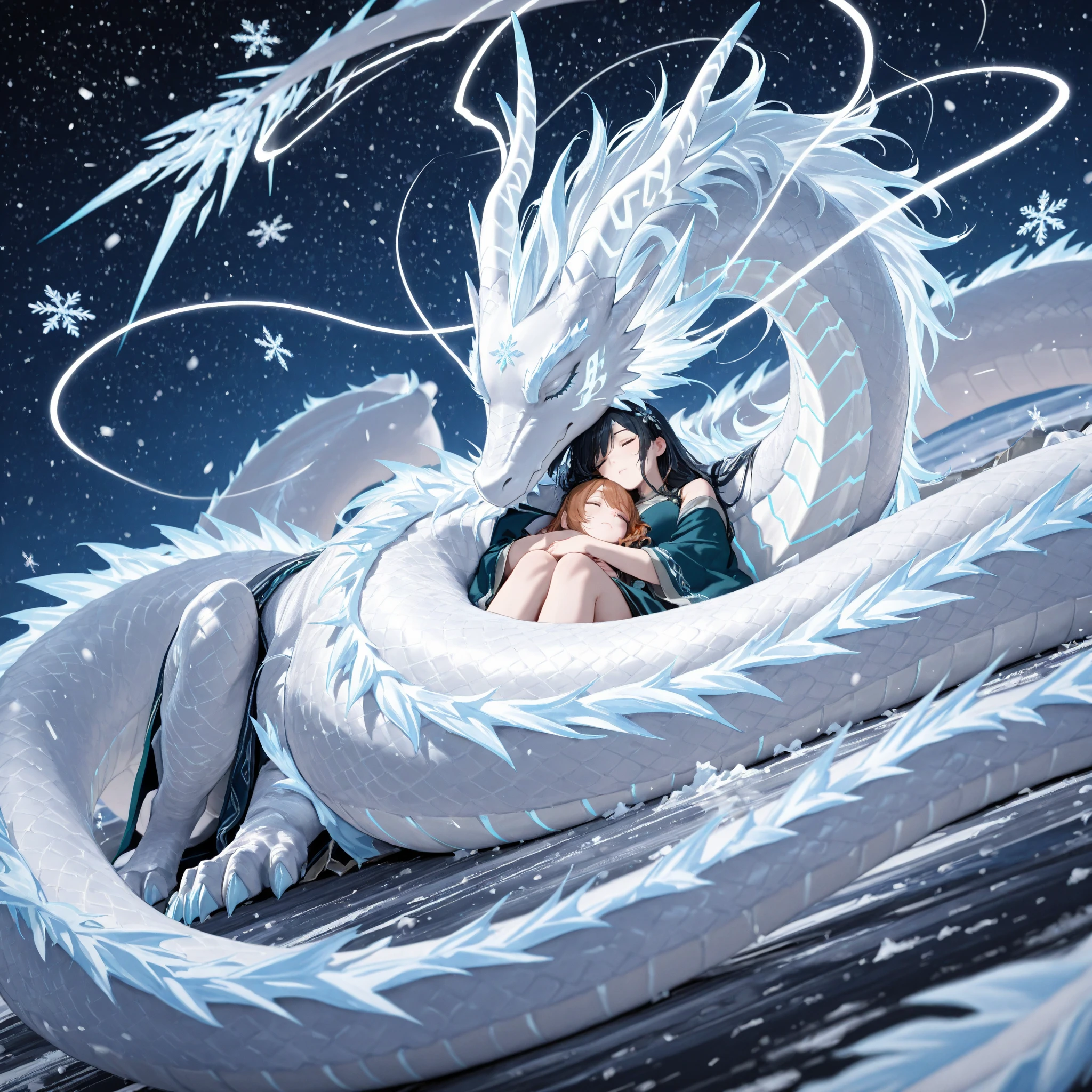 (extreme long shot, side view), BREAK, A frost dragon with 2 wings sleeping in an ice cave, lying down, (((curled to sleep))), eyes closed, ice pillars in the foreground, BREAK, mystical creature, realistic, ultra detailed, moonlit through the ice, 
