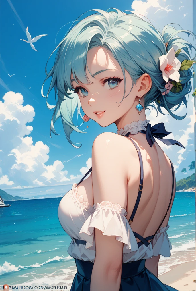 rezeroRem, Rem, blue eyes, Blue Hair, hair ornaments, Hair on one eye, hair ribbon, short hair, x hair ornaments,Straw hat,,happy smile, smile, Open your mouth,blush,Bikini Swimwear,barefoot,Oversized one-shoulder t-shirt,Wet clothes,Wet Skin,Walking,whole bodyがイラストに入るように,
break outdoors, Beach,Sandy Beach,
break looking at viewer, whole body,
break (masterpiece:1.2), Highest quality, High resolution, unity 8k wallpaper, (figure:0.8), (Beautiful attention to detail:1.6), extRemely detailed face, Perfect lighting, extRemely detailed CG, (Perfect hands, Perfect Anatomy),