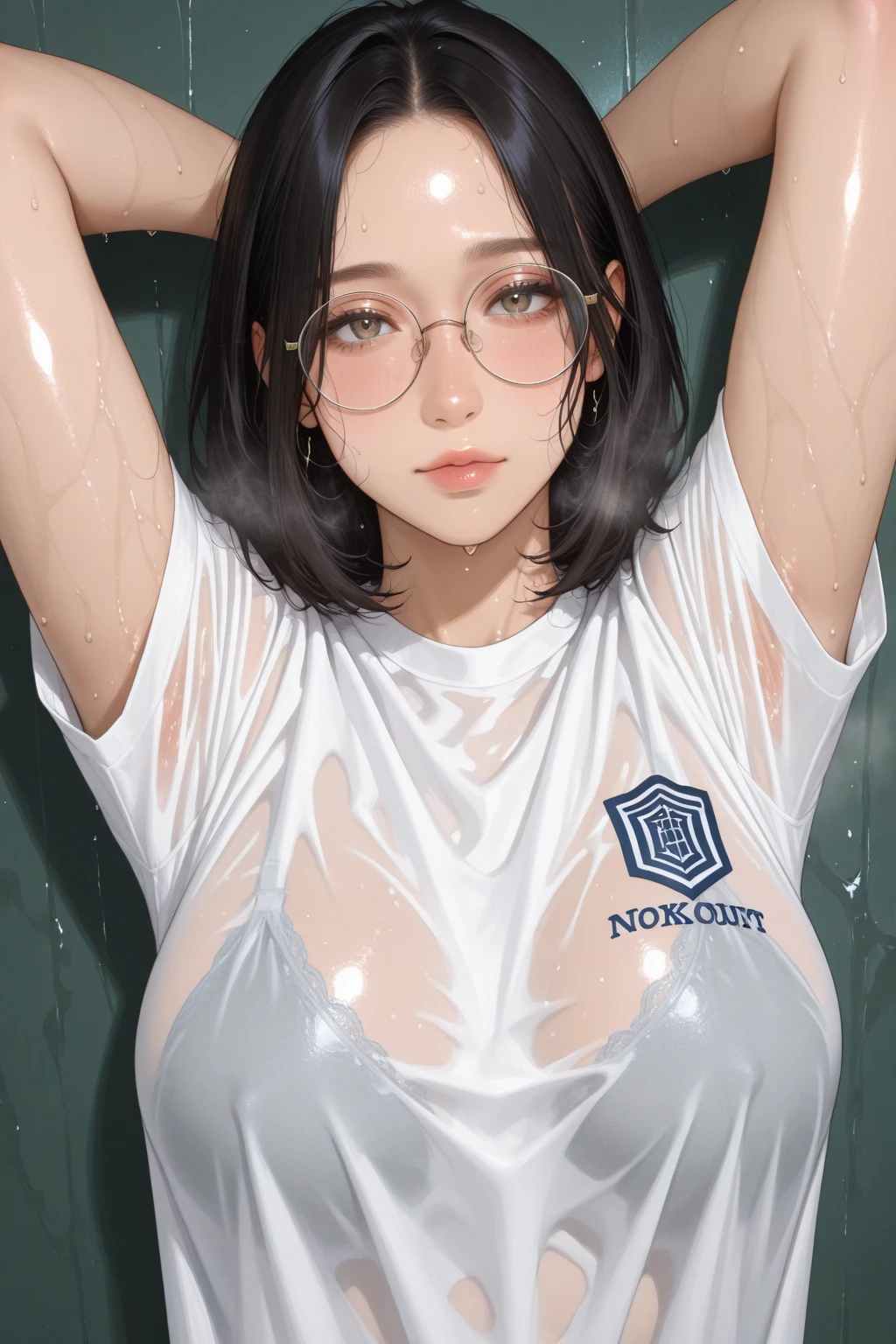 Squatting！、dynamicposes、legs spread out、cyberpunked、(Micro Bikini Grid Girl)、(magazine:1.3), (cover-style:1.3),Hands behind the head、( eye glasses)、(Dripping wet body:1.2)、(FULL BODYSHOT)、((Cosplayer Enako))、((​masterpiece))、