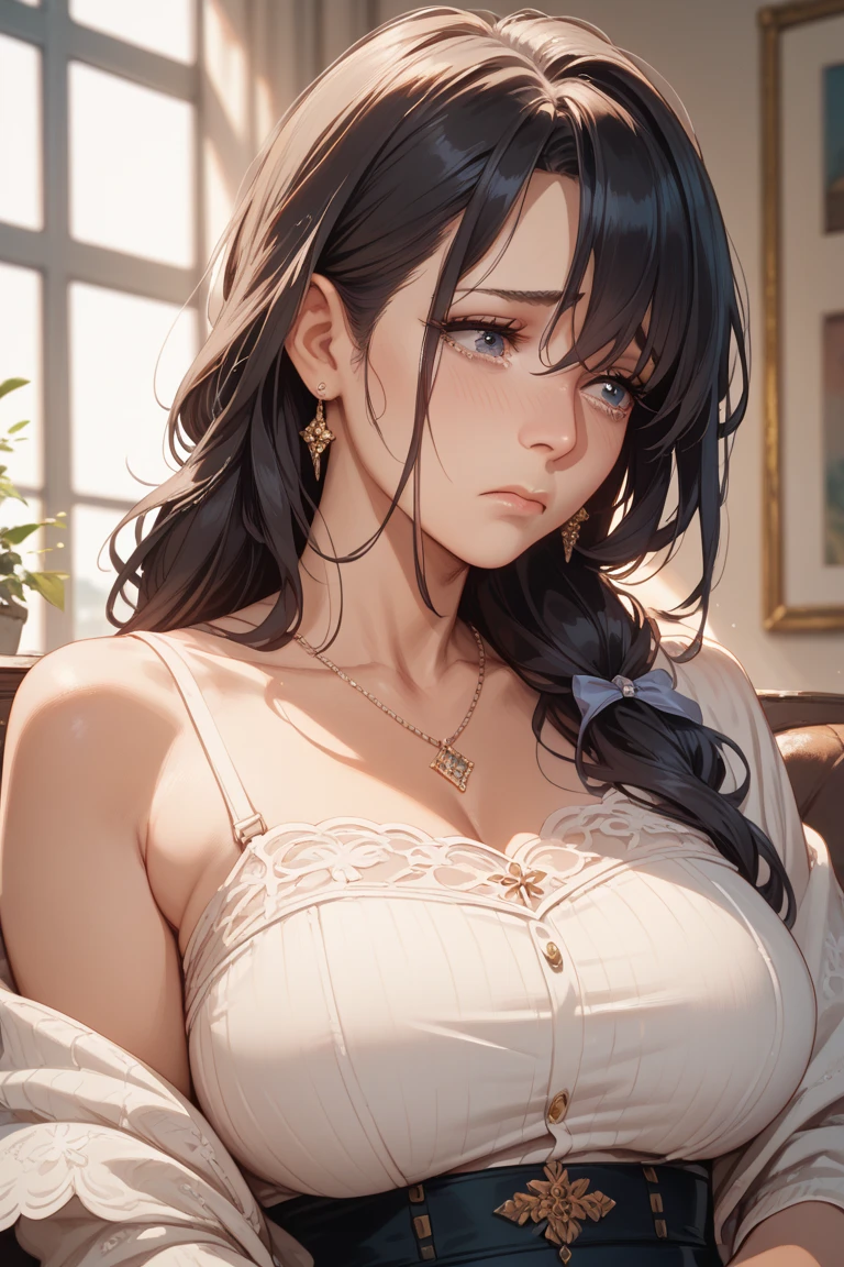Her face with delicate curves made her look extremely fragile. Her hair was pulled to a dark purple at the top while it slightly whitened as it reached the ends. Her hair was long and shaped into a braid that fell gently over the upper right part of her breast. In the part where her forehead is located, there were four sections of small, loose bangs. She had left side bangs and had another bang that covered a little of her right eye. Her eyes had an amber hue to carrot orange.