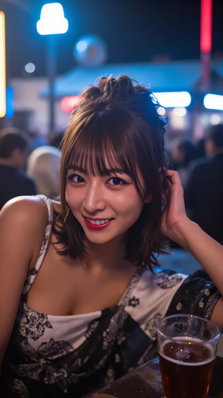 Urzan-6500-v1.1, (RAW Photos:1.2), (Photorealistic), Beautiful detailed girl, (Genuine: 1.4), Very detailed目と顔, Beautiful and fine details, ((Night city street:1.3)), ((Street fashion for women:1.3, Ultra-realistic pantyhose:1.2))、Selfie、Instagram、game_Hmph, Large file size, High resolution, Very detailed, Highest quality, [masterpiece:1.6], Awareness-raising, Very detailed, Hmph, In detail, Highest quality, 8k wallpaper, Cinema Lighting, One Girl, 17 years old, Perfect figure, cute垂れ目、Beautiful big eyes、Pieck Finger, ((Tabletop)), Highest quality, One Girl, eye shadow, Portraiture, ((Full Body Shot:1.4))、(とても愛情深いsmile:1.2)、Realistic skin texture、Glowing Skin、黒色のBobカットヘア、Large Breasts、Photo of Fumie Kojima、Wide forehead、Childish、bangs、Short Hair、Bob、Leaking all over her delicate breasts、15 years old、tits、Baby Face、Staring straight into the camera、彼女のI can see the valley、Looking into the camera、cute、Kind Face、Eyes slightly spaced apart、Long face、Crouching、Top view、Look straight at the camera、I can see the valley、Big Breasts、smile、She is facing straight at the camera、Crouching、The bra is visible