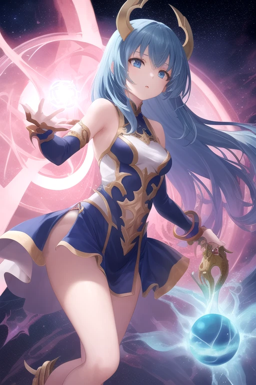Genie woman, Glowing blue eyes, Blue skin, Long pink ponytail hair, Golden bracelets, wisp tail, graceful sway of her mist-like tail, No legs, coming out of a magic lamp.