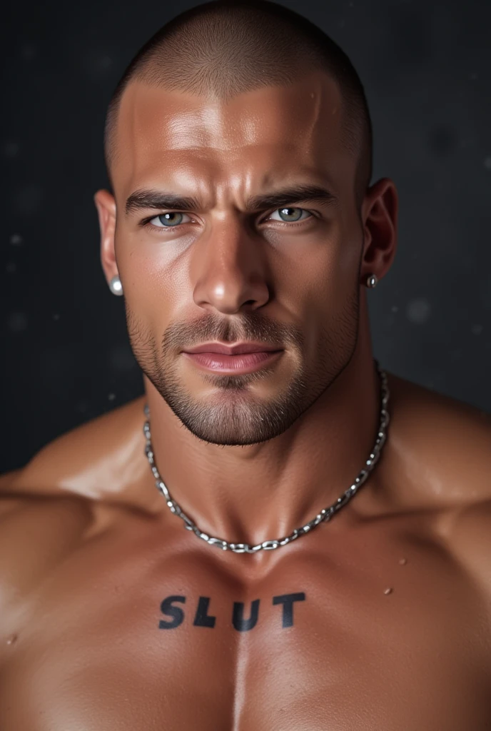 It generates a young man, very handsome and with perfect features, he has scars on his body, piercings in his ears, shoulder button and breasts, he has a black balaclava on his head that covers his entire face except his eyes and mouth, and very thick chains. on his silver neck, some chains on his hands and a, he is shirtless, his body is very hairy, he has tattoos on parts of his body, he is muscular and very sweaty, his hands are held with handcuffs, he is only wearing boxers gray color, a very large lump is very noticeable, and he is in the background in a prison, with some metal bars in front of him