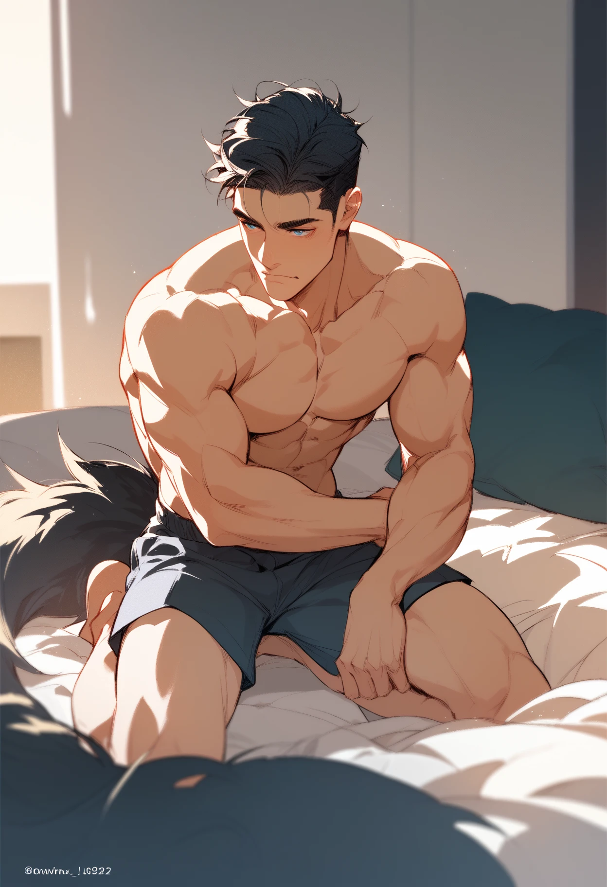 (Handsome:1.1)(man),(underwear:1.3),(shirtless;1.1),(laying in bed),(top view)(Expression of ecstasy/orgasmic), (high resolution,overwhelmingly pixel-perfect,luxurious illustration), (Ultra Quality, Masterpiece, Ethereal:1.4)(massive Erect outline Bulge in pants)
