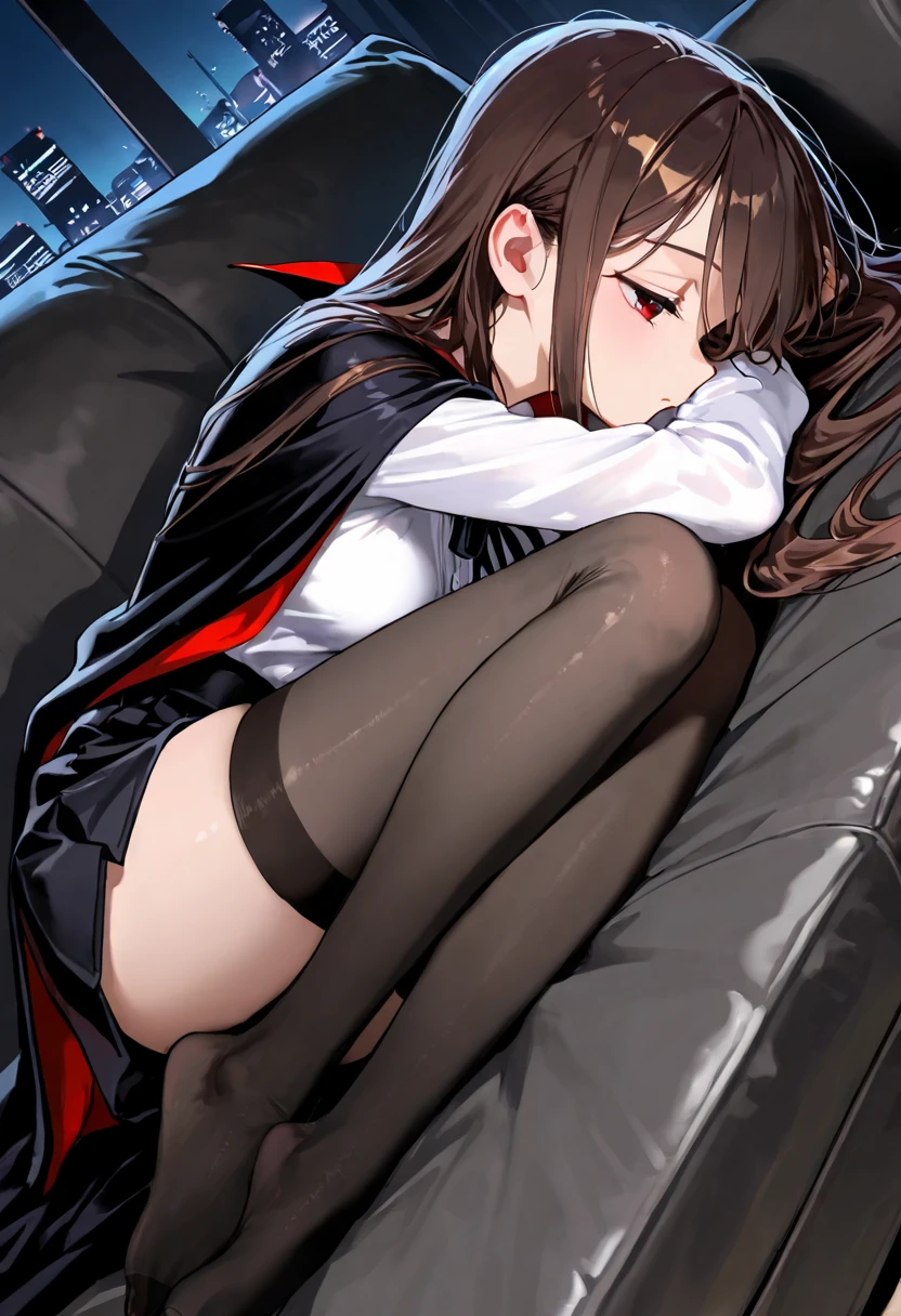 Anime girl lying in bed in lingerie，Legs crossed, from girls frontline, Fine details. Girl front, seductive anime girls, Surrealism female students, girls frontline style, noire moody scene, Surrealism female students, the anime girl is crouching, Girls Frontline CG, (sfv) safe to work, 8K anime, 2b, 2 b，Legs，huge tit