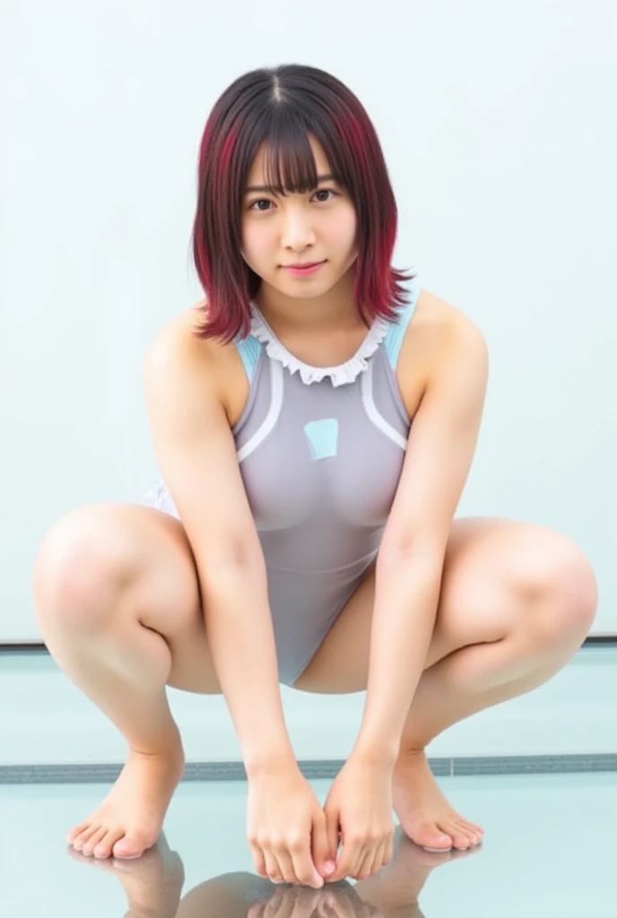 ((((((((Brown Skin、Brown Skin、Mature Woman))))))))、(Japan School Swimwear、Navy blue one-piece swimsuit、Student swimsuit in navy blue:1.3)、whole body:1.3、hightquality、超A high resolution, (Photorealsitic:1.4), Japanese, (Beautiful:1.1), (One Woman:1.5), (38year old:1.3), (photorealistic photos:1.2), in 8K, (solo、one person:1.5),、A smile、Behind the photo、Bangs straight、,A big smile、Twin tails、Thick thighs,Sitting、river、bionde、Nipples、Angle from above