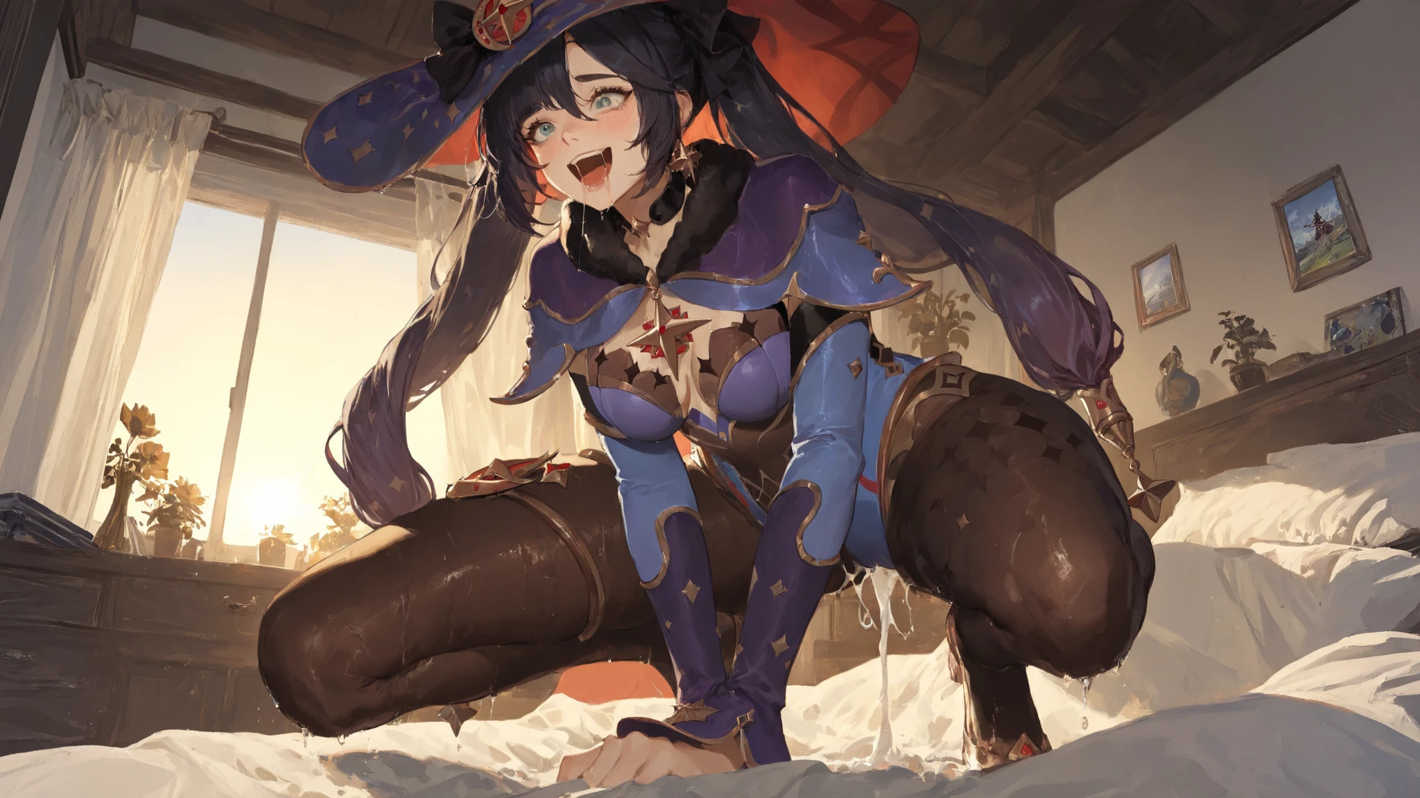 Masterpiece, best quality,  1girl, mona (genshin impact), NSFW, solo, hat, witch hat, twintails, breasts, leotard, gloves, doggy style, from behind, big ass, sexy butt, showing ass, thicc, looking at viewer, pantyhose, long hair, black hair, black gloves, cape, star (symbol), hair ornament, choker, outdoors, fur collar, blue leotard, closed mouth, earrings, bangs, jewelry, black pantyhose, small breasts, bodystocking, purple headwear, blush, covered navel, medium breasts, thighlet, fur trim, blue headwear, long sleeves, detached sleeves, aqua eyes, star earrings, green eyes, feet out of frame, blurry, hat ornament, gold trim, purple hair, elbow gloves, star choker, black choker, ribbon, hair ribbon, star hair ornament, brown pantyhose, grass, hair between eyes, angry blushing face, pouting, no background.