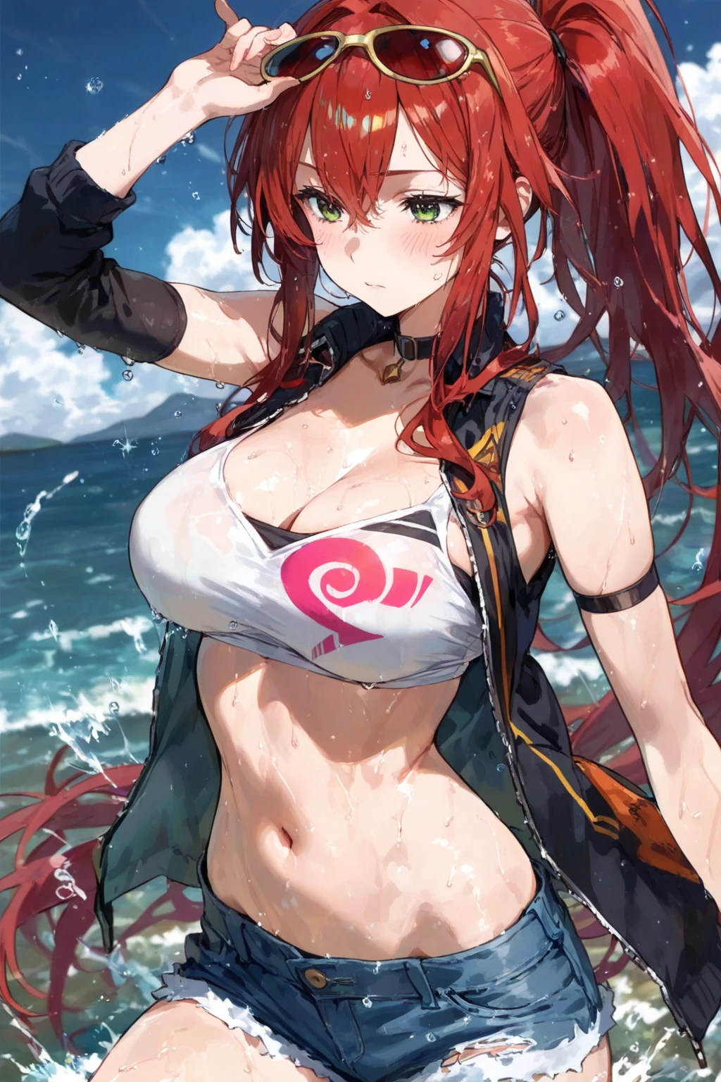 (masterpiece), (best quality), (ultra-detailed), (illustration), (an extremely delicate and beautiful), sagging boob, disproportionate breasts, 1girl, solo, long hair, breasts, looking at viewer, large breasts, simple background, white background, navel, cleavage, closed mouth, jacket, swimsuit, upper body, bikini, red hair, striped, belt, hood, armpits, stomach, arm up, black jacket, orange eyes, underboob, goggles, bandaid, hood up, goggles on head, striped bikini