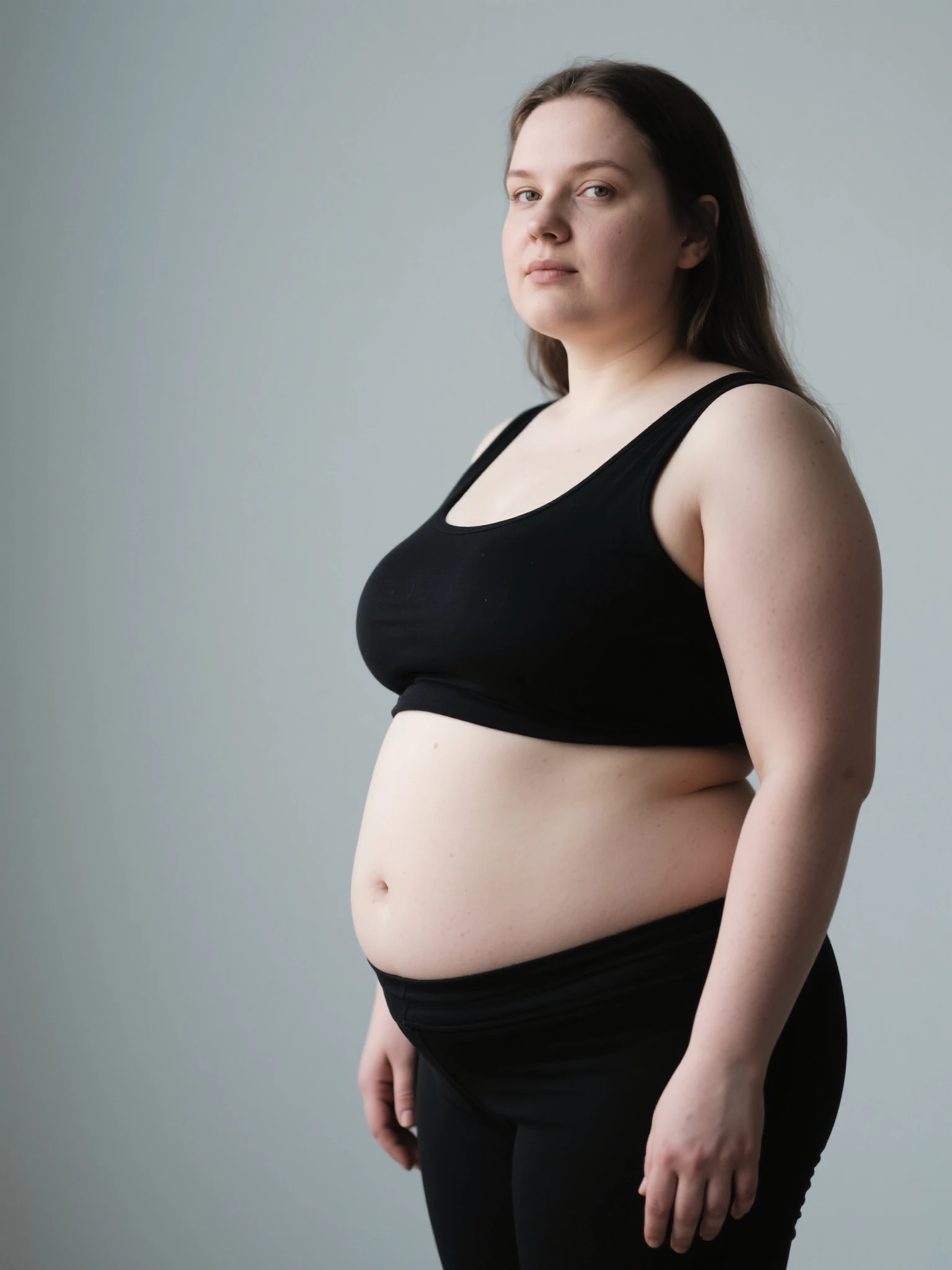Pregnant woman in black underwear posing for a photo in front of a white wall, her belly is fat and round, visible ship, She has a jiggly, fat, round belly, belly exposed, fat belly, half body photo, half body crop, folds of abdominal flaps, medium shot waist up, pregnant belly, her belly button was exposed