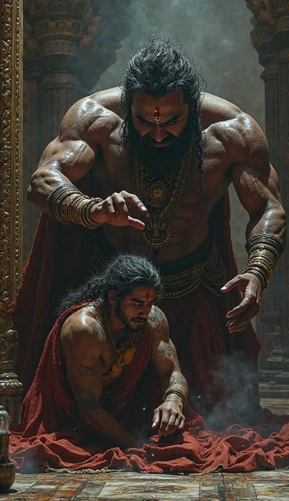 God Hanumanji in form of traditional Indian god form helping a man in gym and sammyx is written on the back of tshirt which the men has worn
