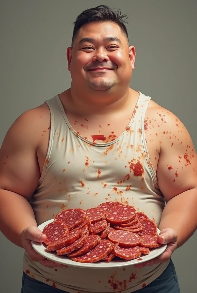 Fat, smiling skeleton selling mortadella
