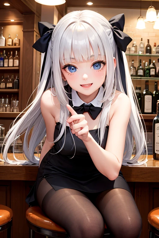 beste-Qualit、1girl in,white hair、Longhaire、Blue eyes、Red cheeks、a small face、A smile、Black Bunny Girl:1.4、hugetits:1.2,Constriction、Thin leg、Tights with mesh pattern:1.3、View here、Standing position、Put your hands on your hips、Angle night from diagonally above、Dim lighting、empty of people、Girls Bar:1.5、Background blur