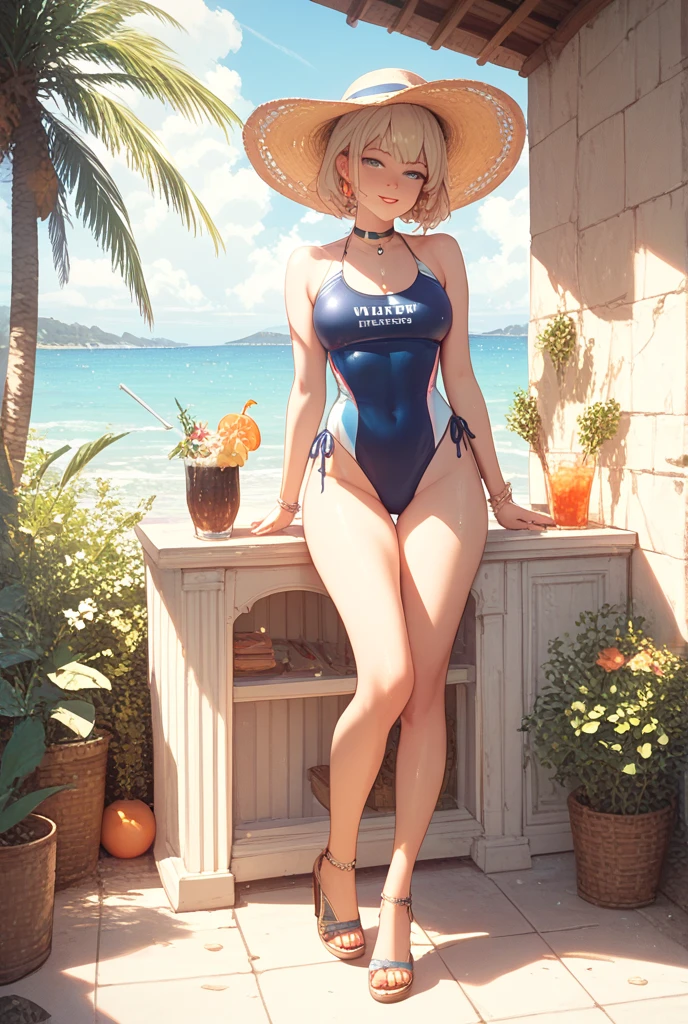 -ultra-detailed, masterpiece, highest quality,1 girl,bianca,medium breasts,short red hair,red glasses, stockings ,4K ,8K, perfact face,blushing, blu eyes, Crepuscular, sea, bright sun,sandals,beach,visor,Bathingsuit,sea turtle,walking ,hair band,(wet skin), leaves, cloudy , big sun ,beach bar,<lora:epiNoiseoffset_v2Pynoise:1>