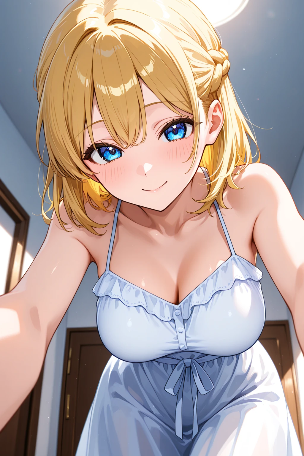 hires detailed, Happy, a treehouse, day, high-angle, eating pizza, curvy, a girl with short blonde hair in a ponytail, fair skin, medium breasts, blue eyes, a green t-shirt with a pizza slice on it, laughing, with a group of friends, colorful lighting.