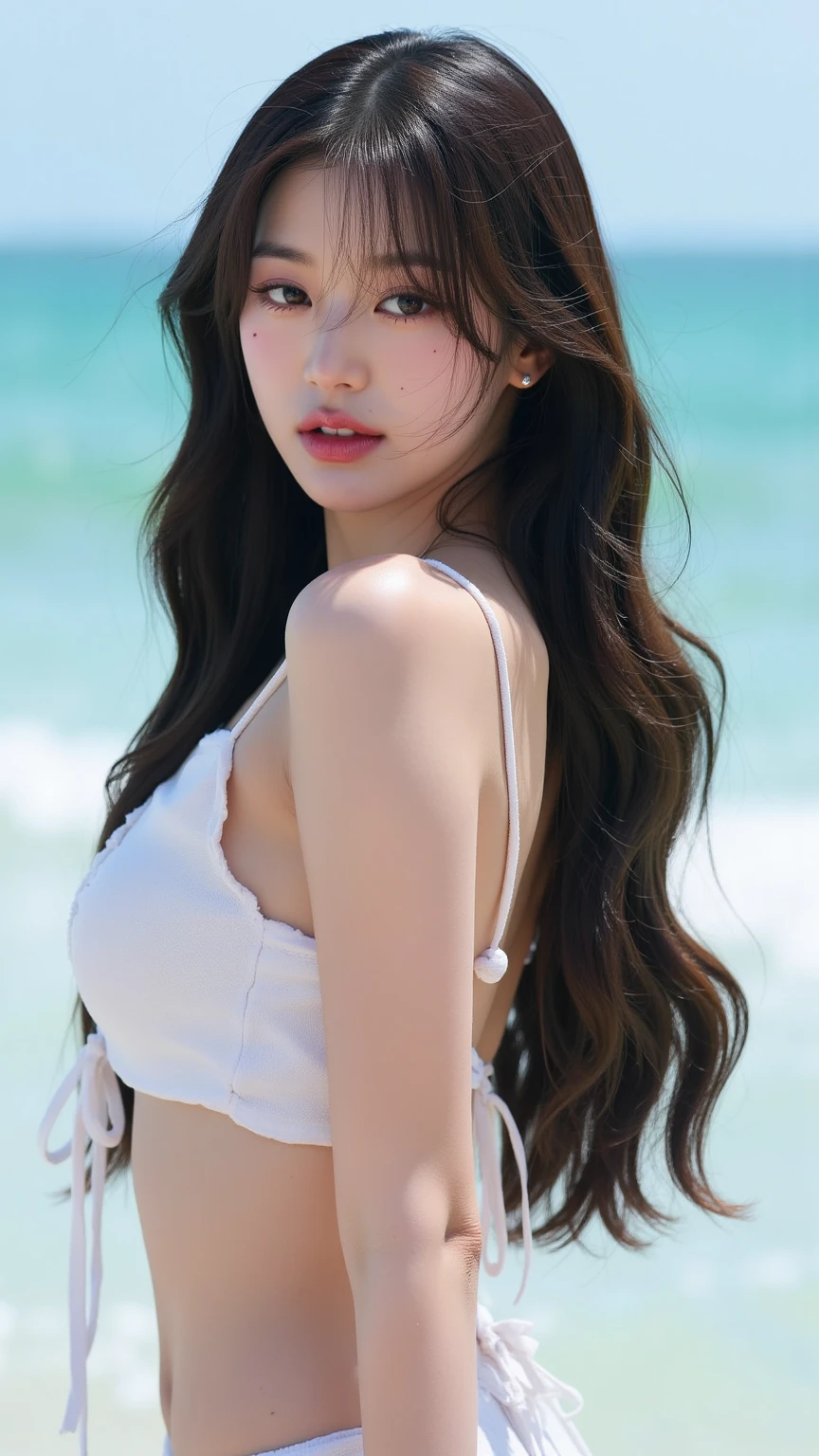 A perfect young female white-collar worker，Chinese，High picture quality，Works of masters，Black hair，Long hair flowing over the shoulders，Beach wave hairstyle，cropped shoulders，clavicle，exquisite face，Hydrated red lips，Real Human，CG rendering，16k，Stand up，Do not show your hands，Close-up shot