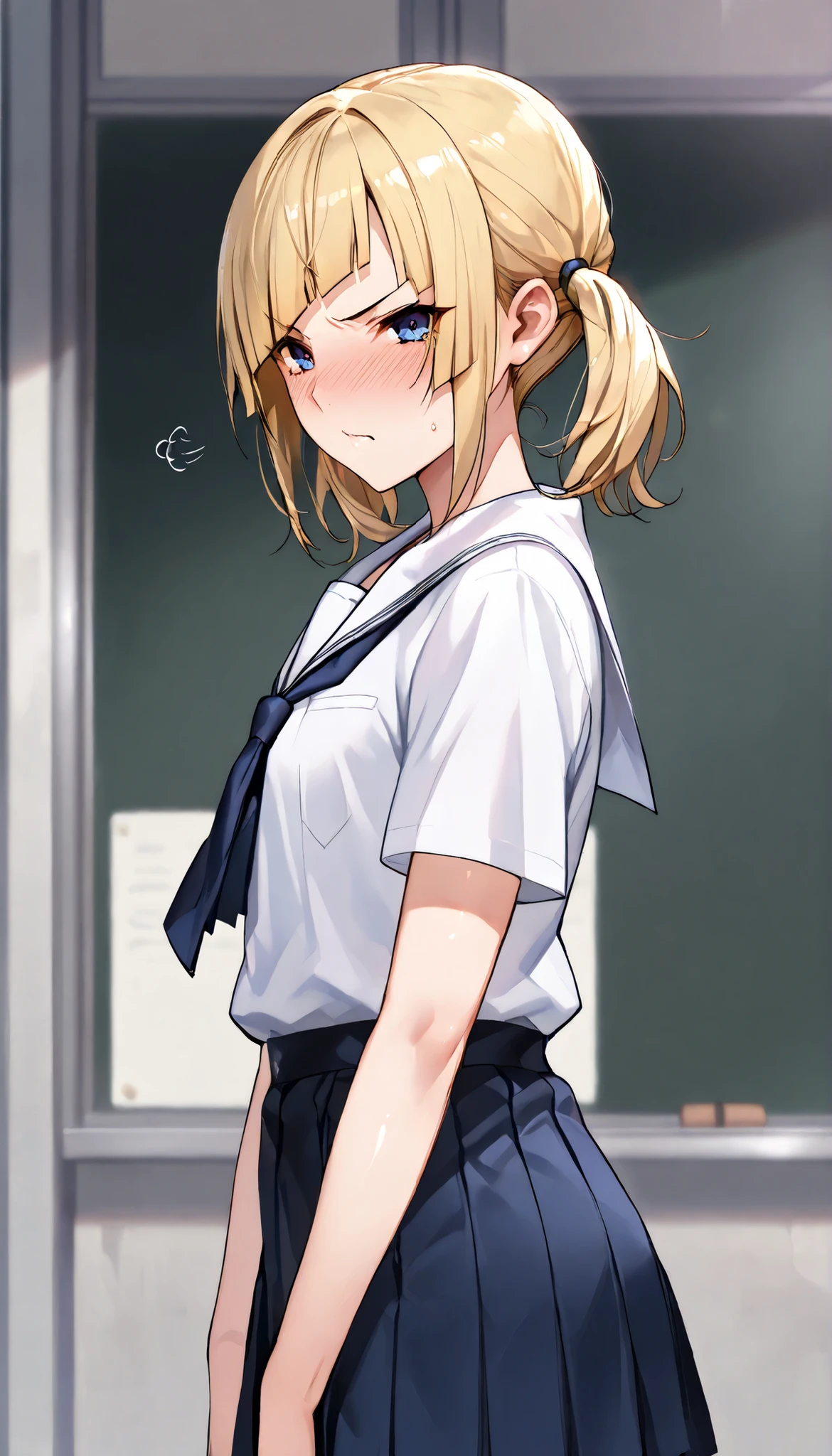 Modern Backgrounds,A female with slim body(older girl),blue eyes,Slim body,shiny skin,flat chest,(Wearing A JK skirt),(White school uniform),On the street in The school,(blonde short hair, twintails, diagonal bangs),Cross arms,(((tsundere))),UHD, SOLO, anatomically correct, masterpiece, textured skin, high details, highres, 1080P, 16k, accurate, Beautiful face, Beautiful Nose, Perfect face, Highly detailed beautiful face and eyes, Attractive face, Detailed face, Delicate facial features, Detailed skin,Cowboy shot,(From side),Look at the viewer
